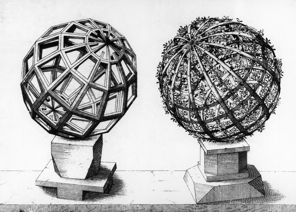 Ilustracja perspektywiczna, dwie kule, rycina z Perspectiva Corporum Regularium, autorstwa Wentzela Jamnitzera (1508-1585), Norymberga autorstwa Wenzel I Jamnitzer