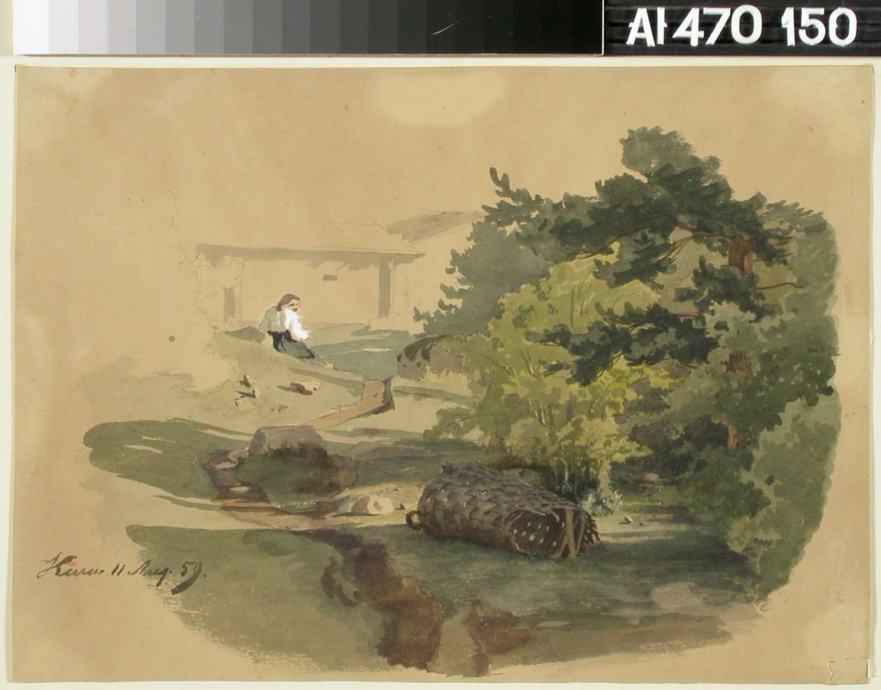 Landschaft mit Schindelkorb und sitzender Frau autorstwa Werner Holmberg