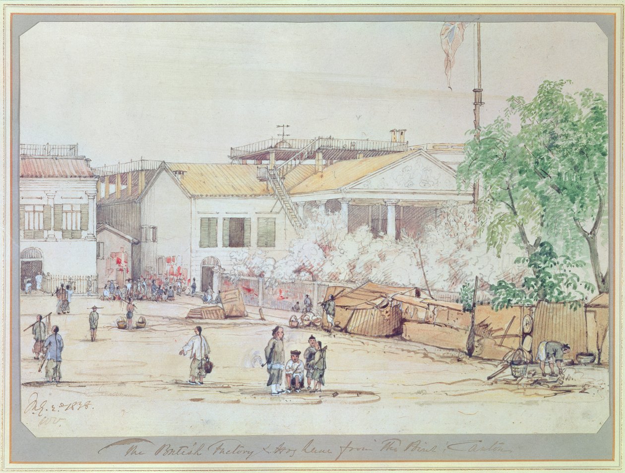 Brytyjska fabryka na Hog Lane, Kanton, 1838 (wc na papierze) autorstwa Werner Varnham