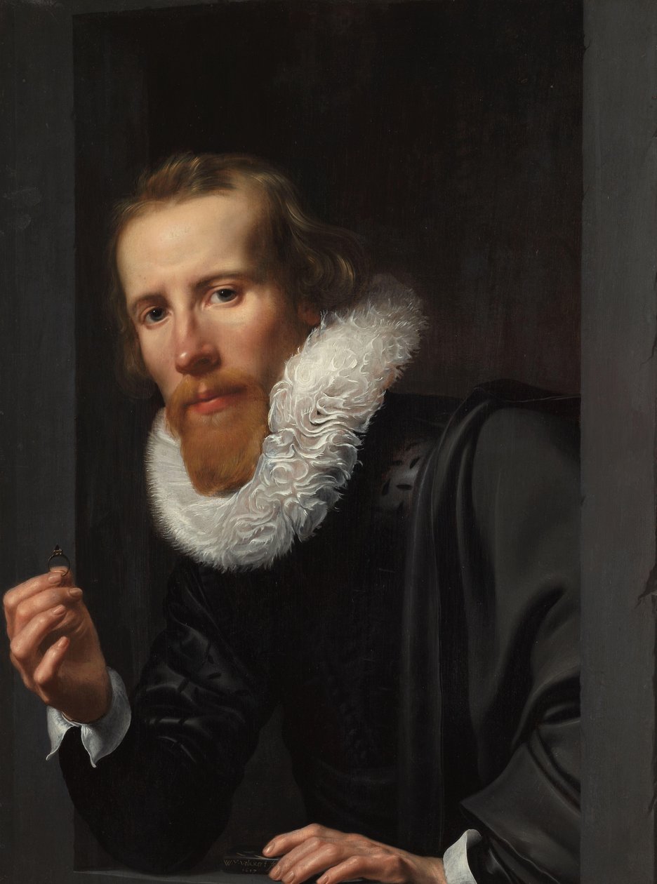 Portret złotnika, prawdopodobnie Bartholomeus Jansz van Assendelft Portret mężczyzny z pierścieniem i kamieniem probierczym, prawdopodobnie Bartholomeus Jansz van Assendelft (1585-1658) autorstwa Werner van den Valckert (signed by artist)
