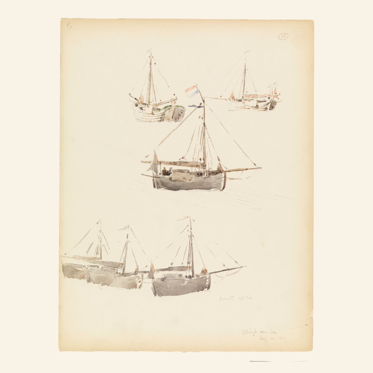 Rysunek, holenderskie barki, 20 sierpnia 1887 r. autorstwa Whitney Warren Jr.