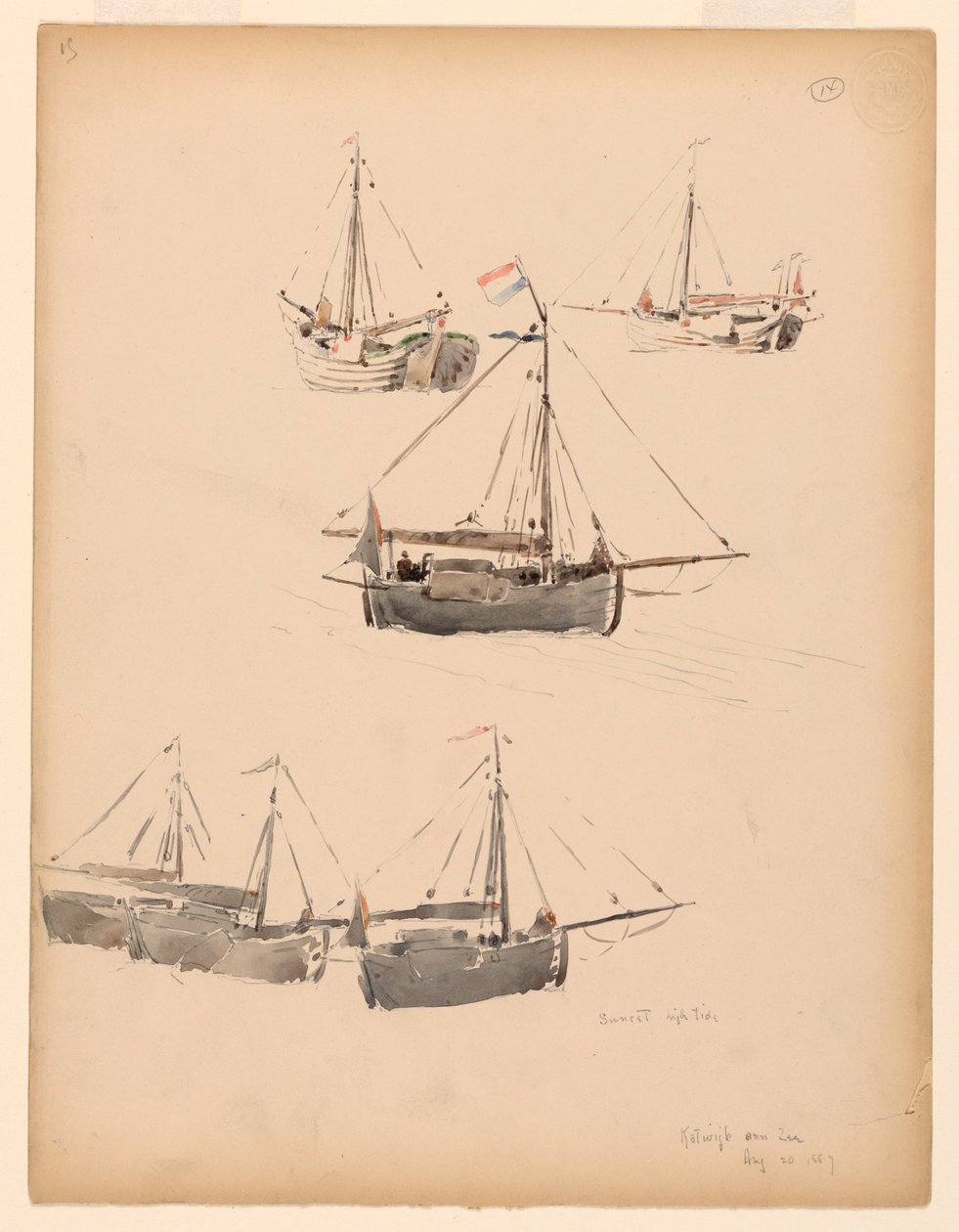 Rysunek, holenderskie barki, 20 sierpnia 1887 r. autorstwa Whitney Warren Jr.
