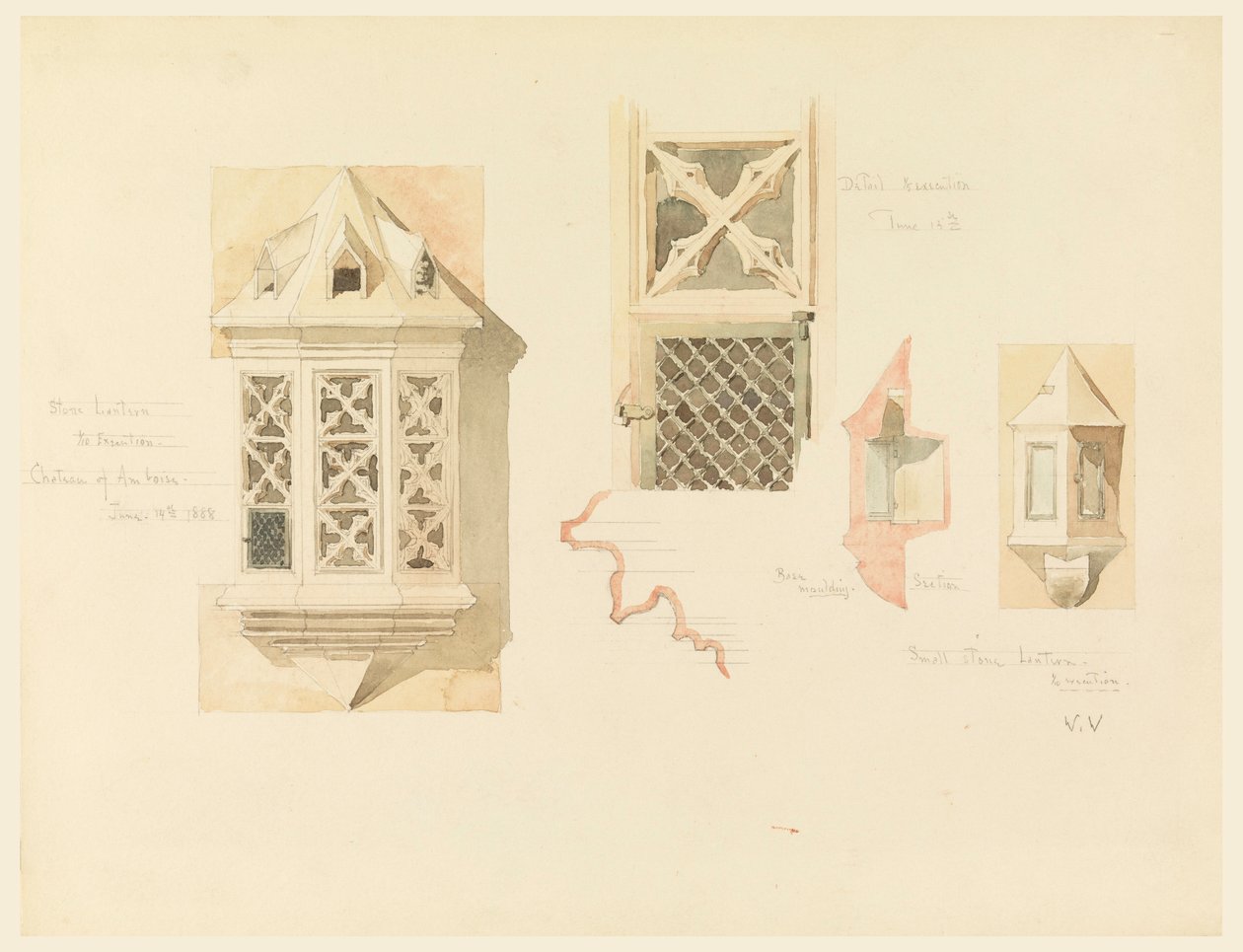 Rysunek przedstawiający dwie kamienne latarnie z zamku w Amboise, Francja, 14-15 czerwca 1888 r. autorstwa Whitney Warren Jr.