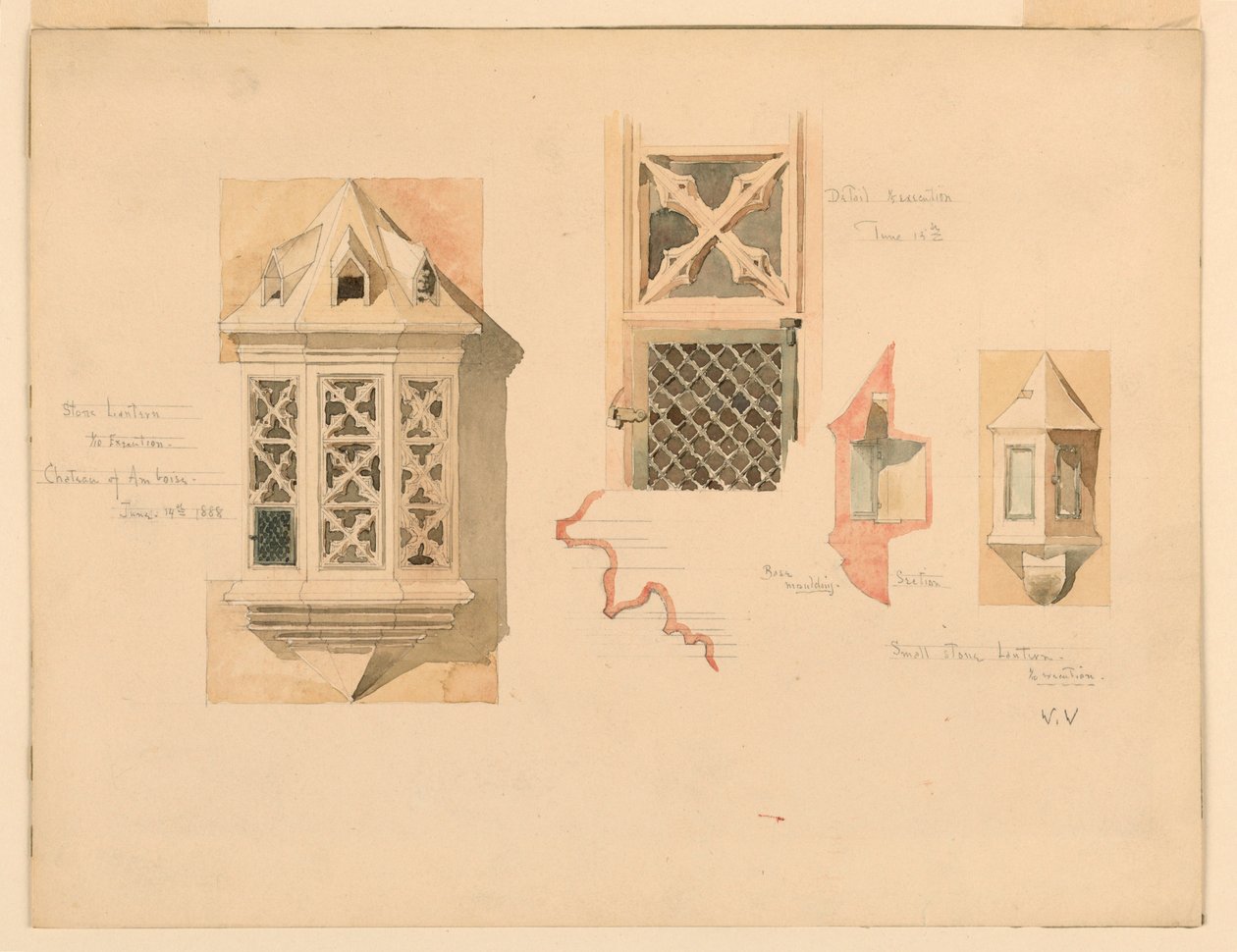 Rysunek przedstawiający dwie kamienne latarnie z zamku w Amboise, Francja, 14-15 czerwca 1888 r. autorstwa Whitney Warren Jr.