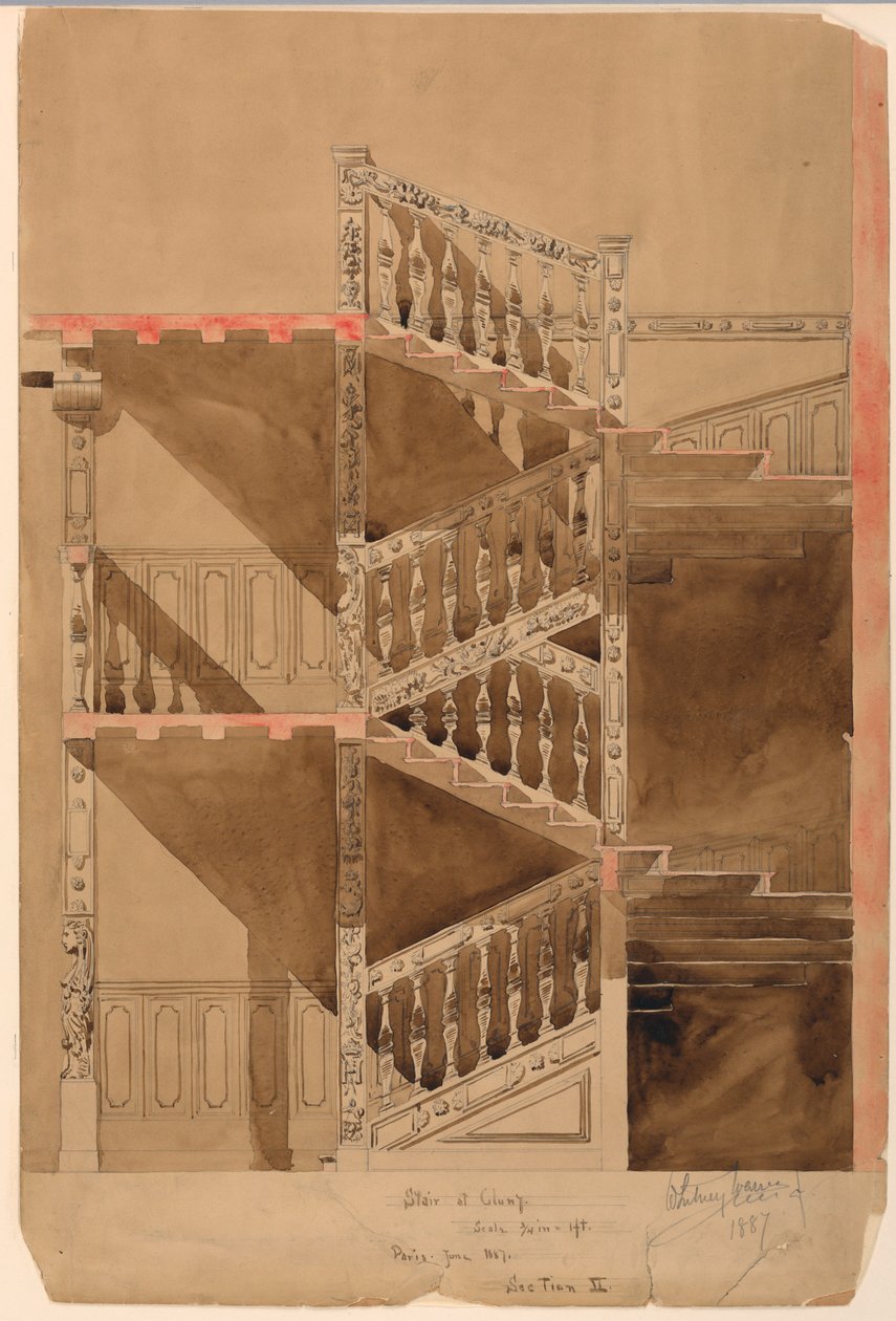 Rysunek, Schody w Cluny, Paryż, 1887 r. autorstwa Whitney Warren Jr.
