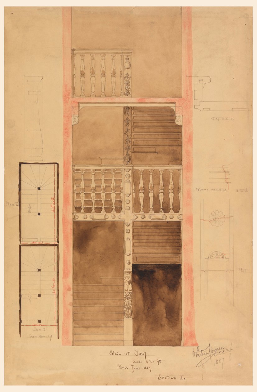 Rysunek, Schody w Cluny, Paryż, 1887 r. autorstwa Whitney Warren Jr.