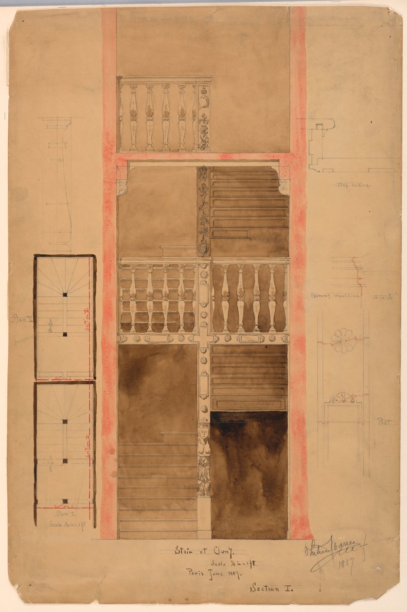 Rysunek, Schody w Cluny, Paryż, 1887 r. autorstwa Whitney Warren Jr.