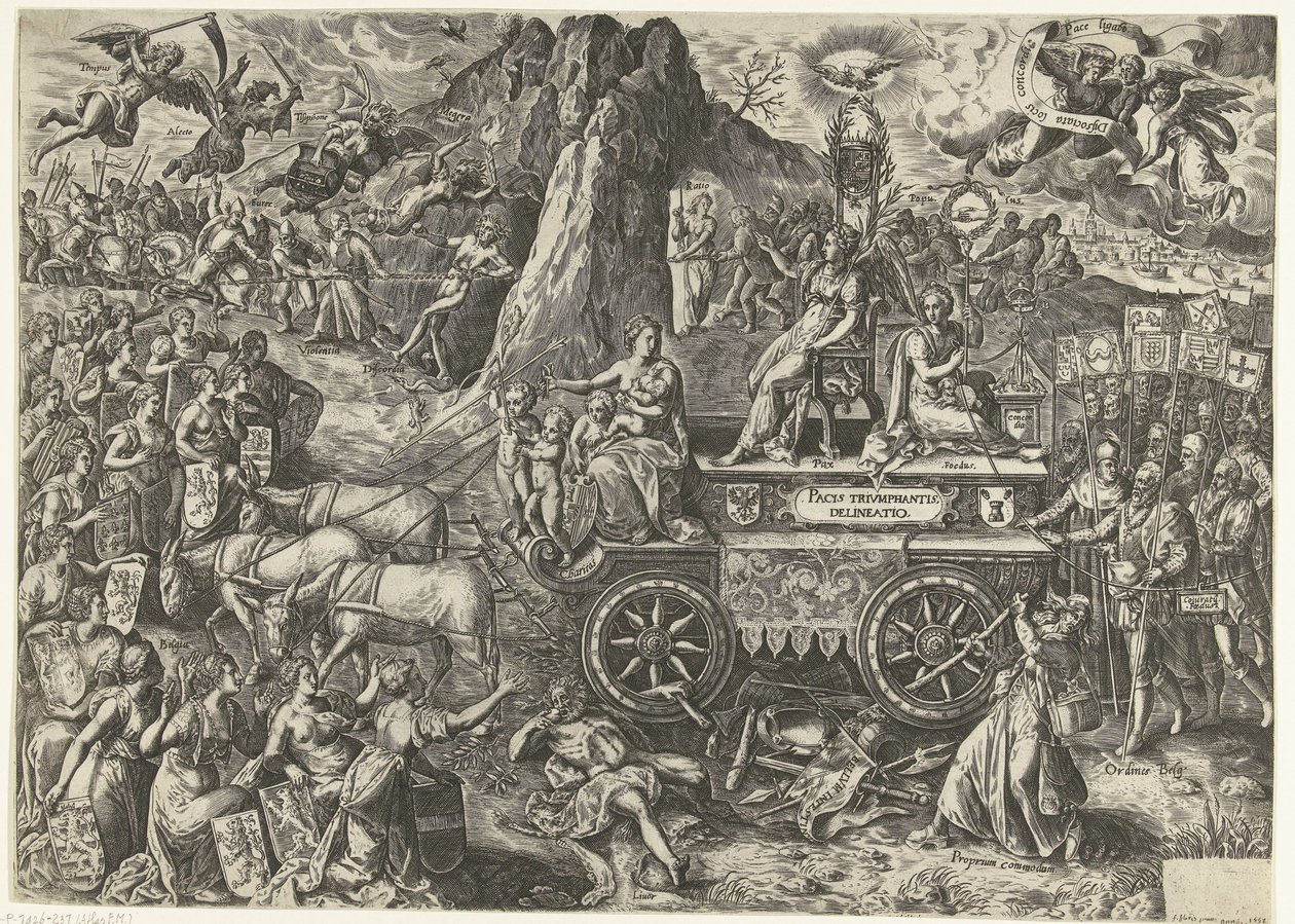 De triumphwagen van de vrede, 1577 Rysunek triumfującego pokoju (tytuł na obiekcie) autorstwa Wierix