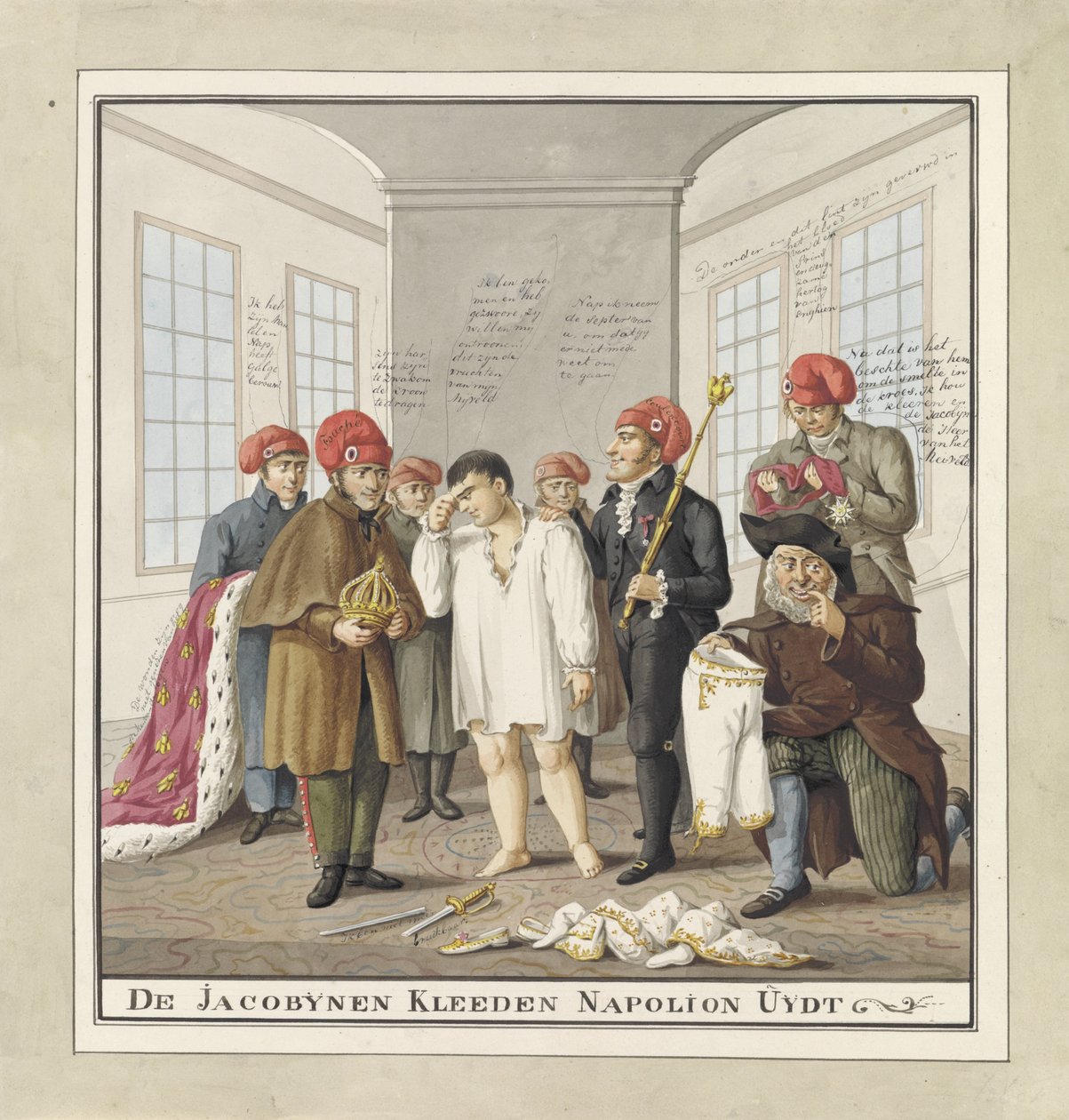 Napoleon rozebrany do naga przez jakobinów, 1815 Sukno jakobińskie Napolion Uijdt (tytuł na obiekcie) autorstwa Wijnand Esser