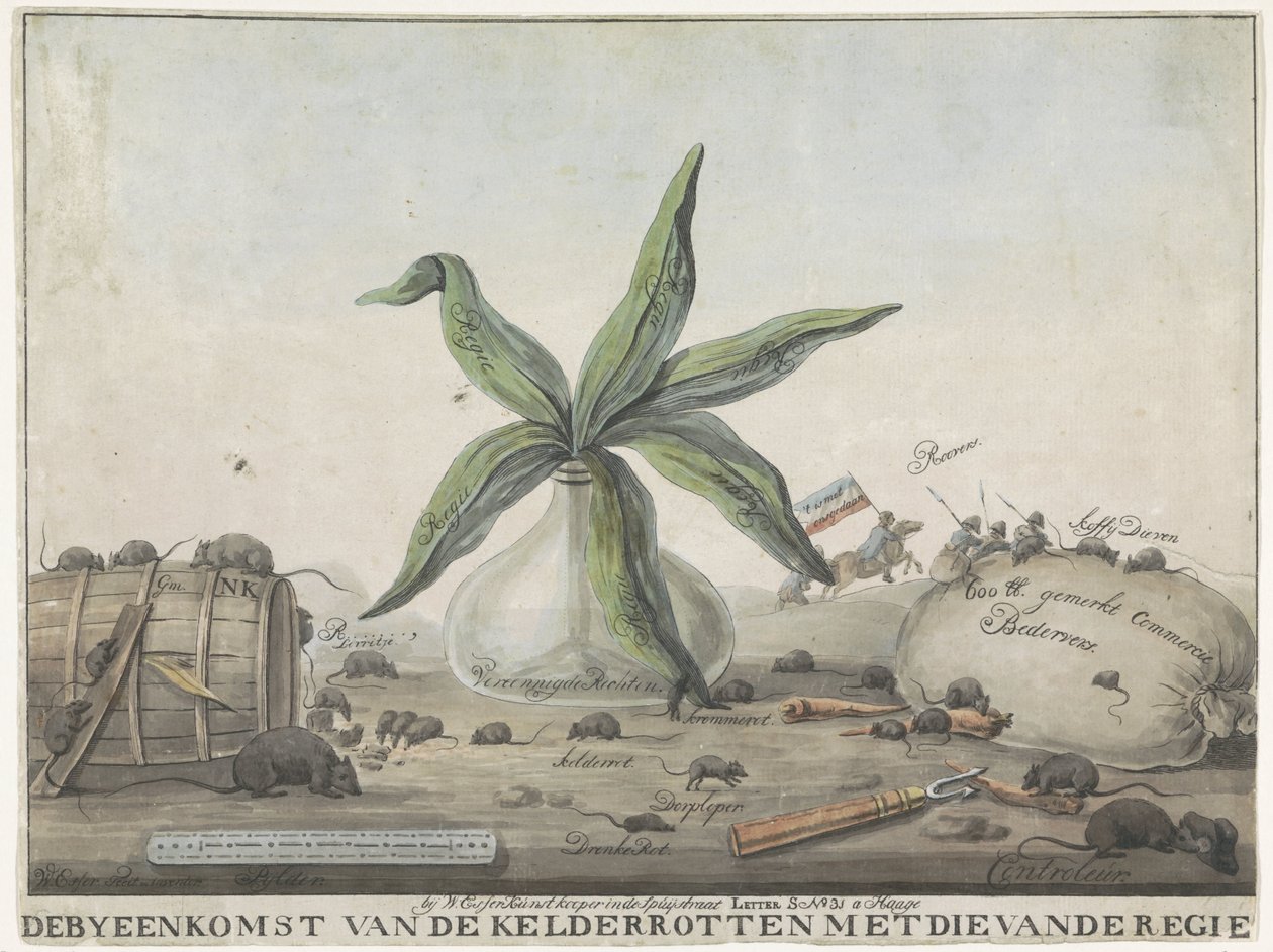 Karykatura o francuskich zwyczajach, 1813-1814 Zebranie zgniłej piwnicy ze zgromadzeniem dyrektora (tytuł na obiekcie) autorstwa Wijnand Esser