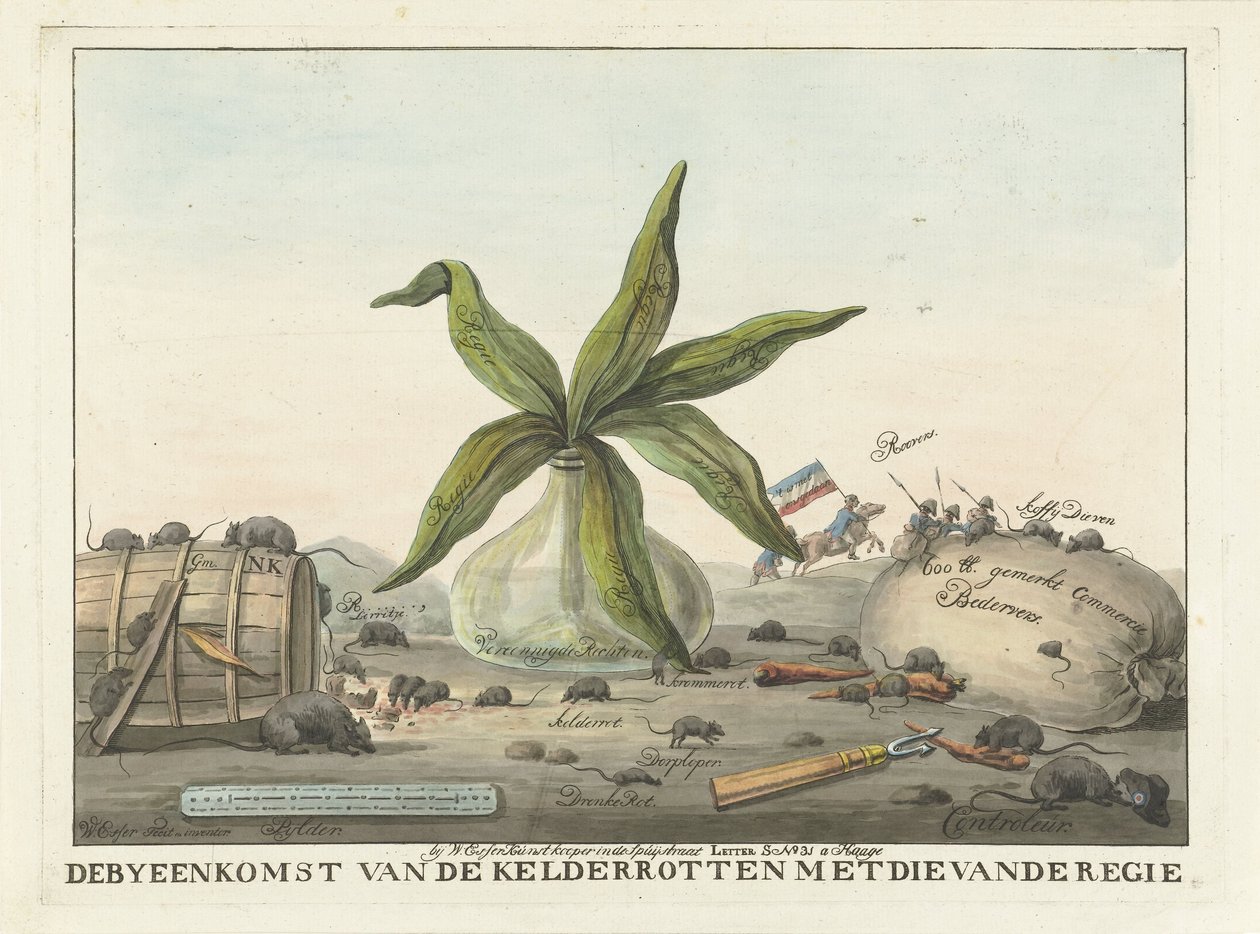 Karykatura o francuskich zwyczajach, 1813-1814 Spotkanie przegniłej piwnicy z spotkaniem reżysera (tytuł na obiekcie) autorstwa Wijnand Esser