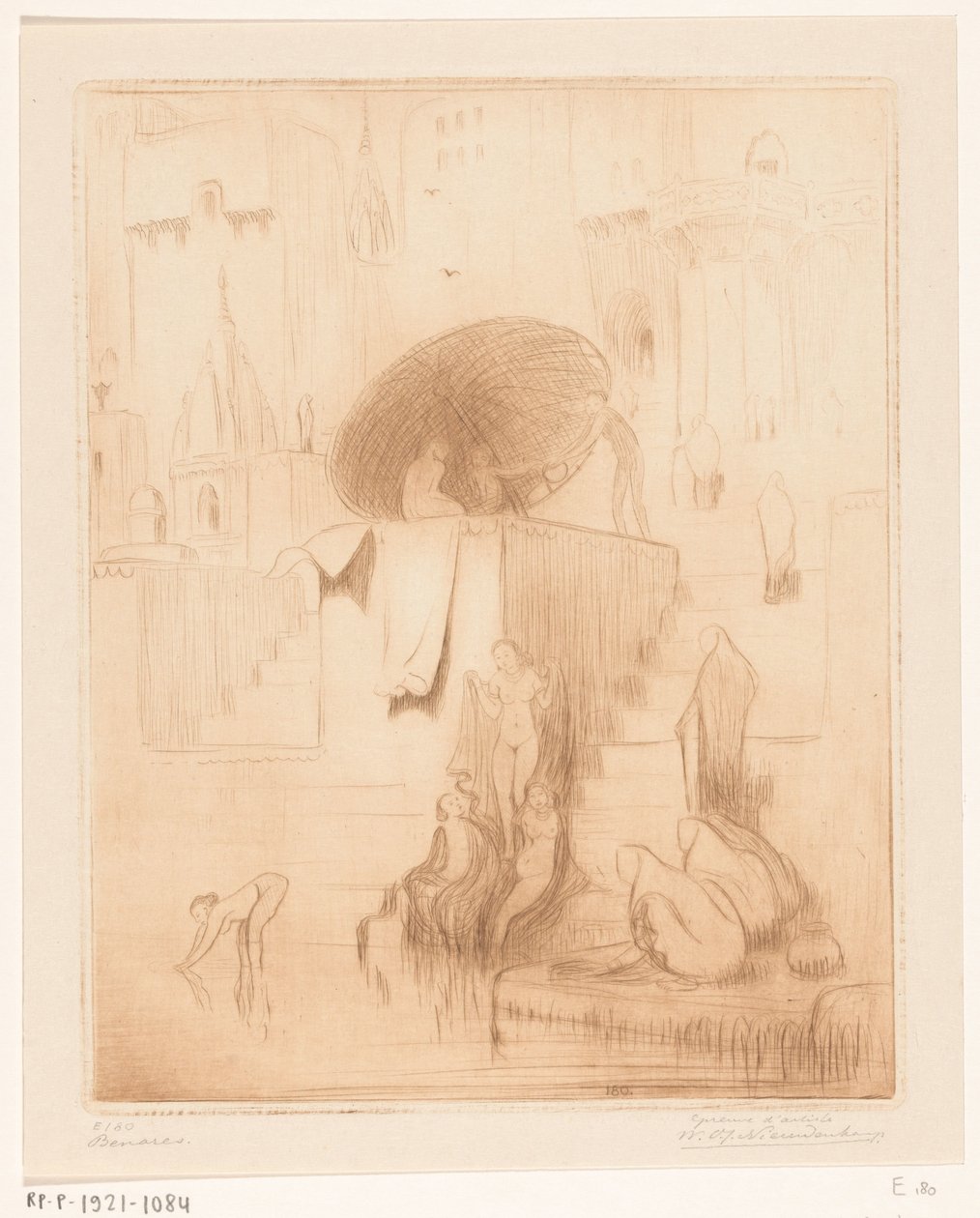 Kąpanie się i mycie kobiet nad brzegiem Gangesu w Benares Benares (tytuł oryginalny) autorstwa Wijnand Otto Jan Nieuwenkamp (signed by artist)