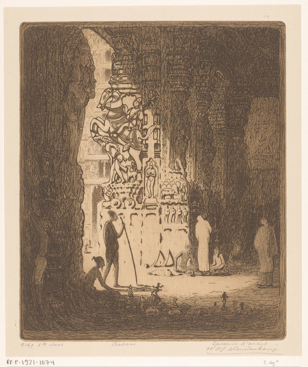 Rzeźbione kolumny na bazarze w Madurai Bazar, Madura (tytuł oryginalny) autorstwa Wijnand Otto Jan Nieuwenkamp (signed by artist)