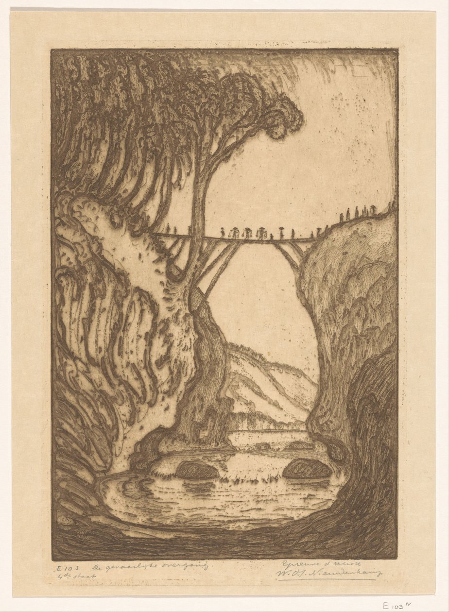 Drewniany most nad wąwozem rzeki na Bali Niebezpieczne przejście (tytuł oryginalny) autorstwa Wijnand Otto Jan Nieuwenkamp (signed by artist)
