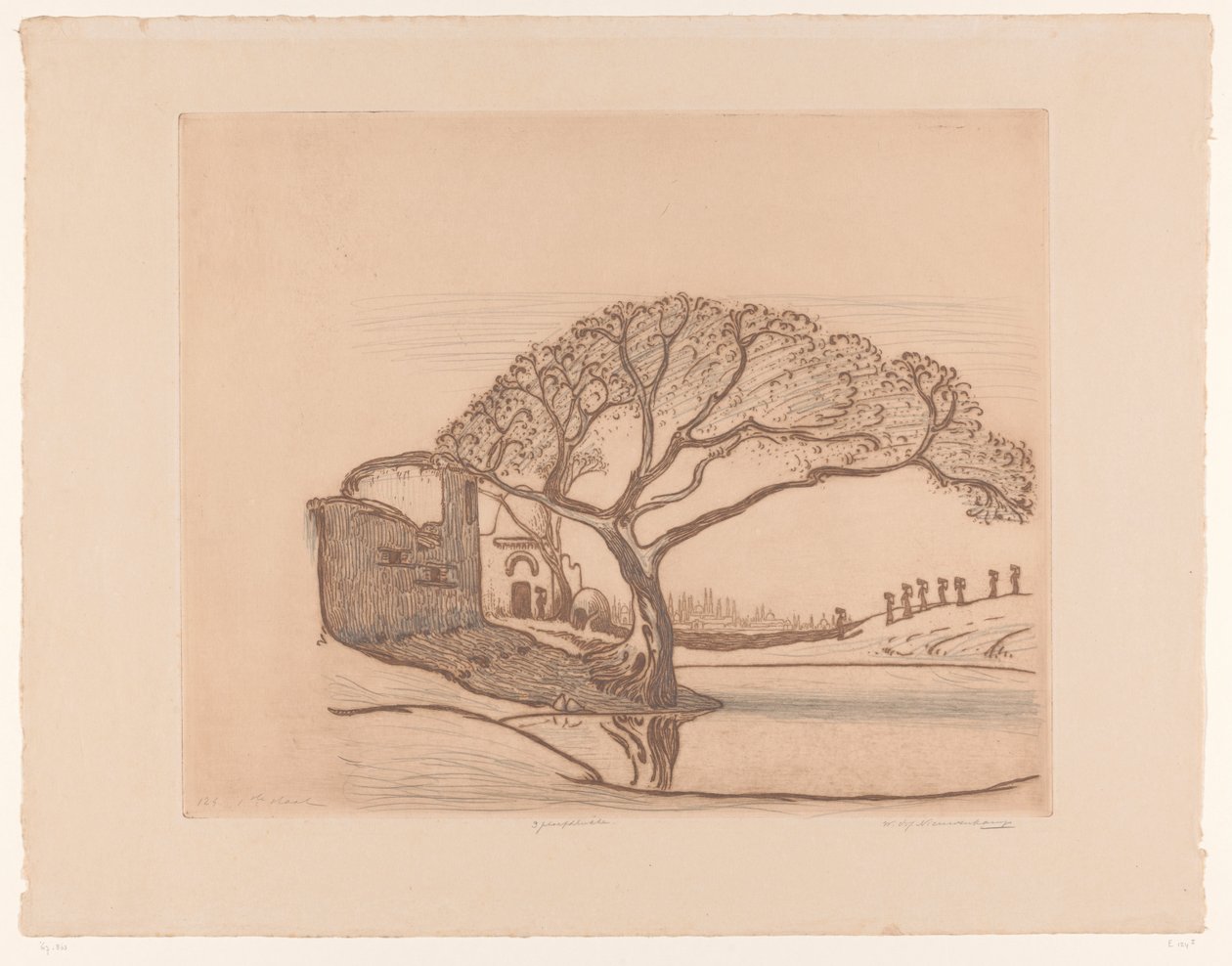 Domy, drzewo nad stawem i kobiety z dzbanami na wodę na głowach W pobliżu Kairu (tytuł oryginalny) autorstwa Wijnand Otto Jan Nieuwenkamp (signed by artist)