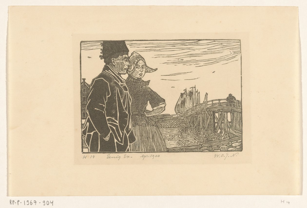 Mężczyzna i kobieta w tradycyjnym stroju Volendam Para (tytuł oryginalny) autorstwa Wijnand Otto Jan Nieuwenkamp (signed by artist)