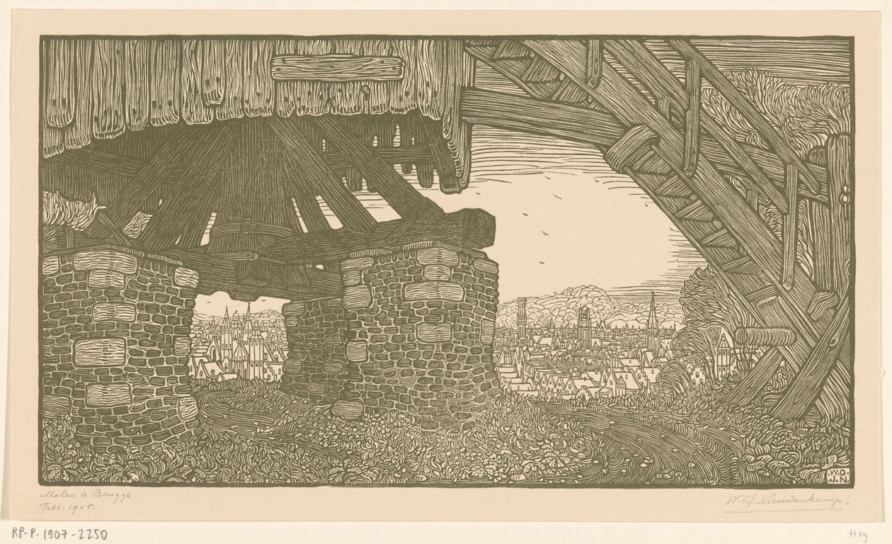 Dolna część młyna w Brugii Wiatrak w Brugii (tytuł oryginalny) autorstwa Wijnand Otto Jan Nieuwenkamp (signed by artist)