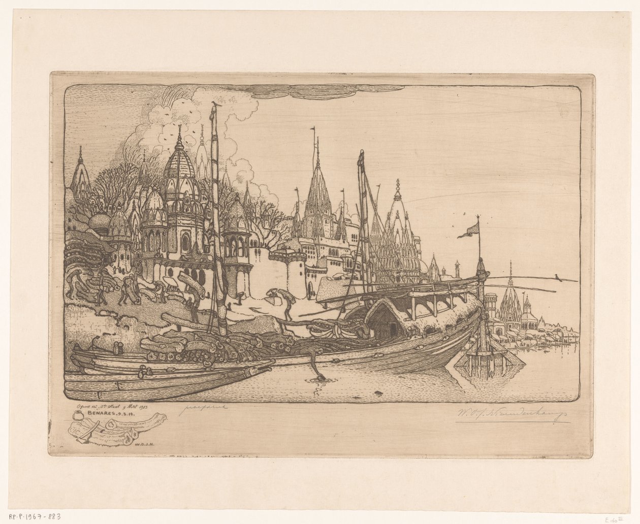 Statek z drewnem opałowym na brzegu Gangesu w Benares Statek z drewnem opałowym, Benares (tytuł oryginalny) autorstwa Wijnand Otto Jan Nieuwenkamp (signed by artist)