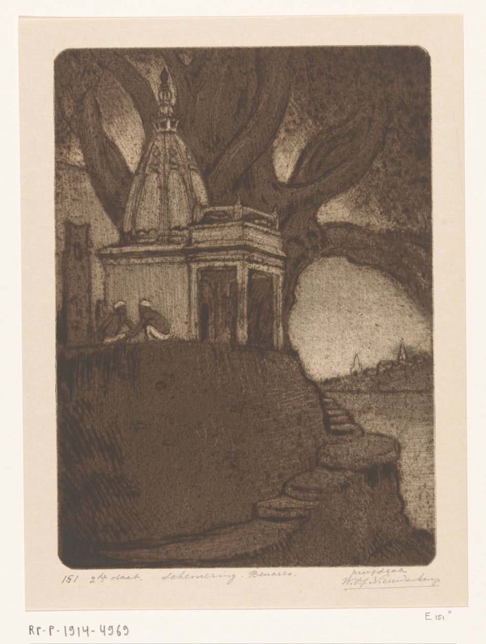 Świątynia w Benares nocą Zachód słońca, Benares (tytuł oryginalny) autorstwa Wijnand Otto Jan Nieuwenkamp (signed by artist)