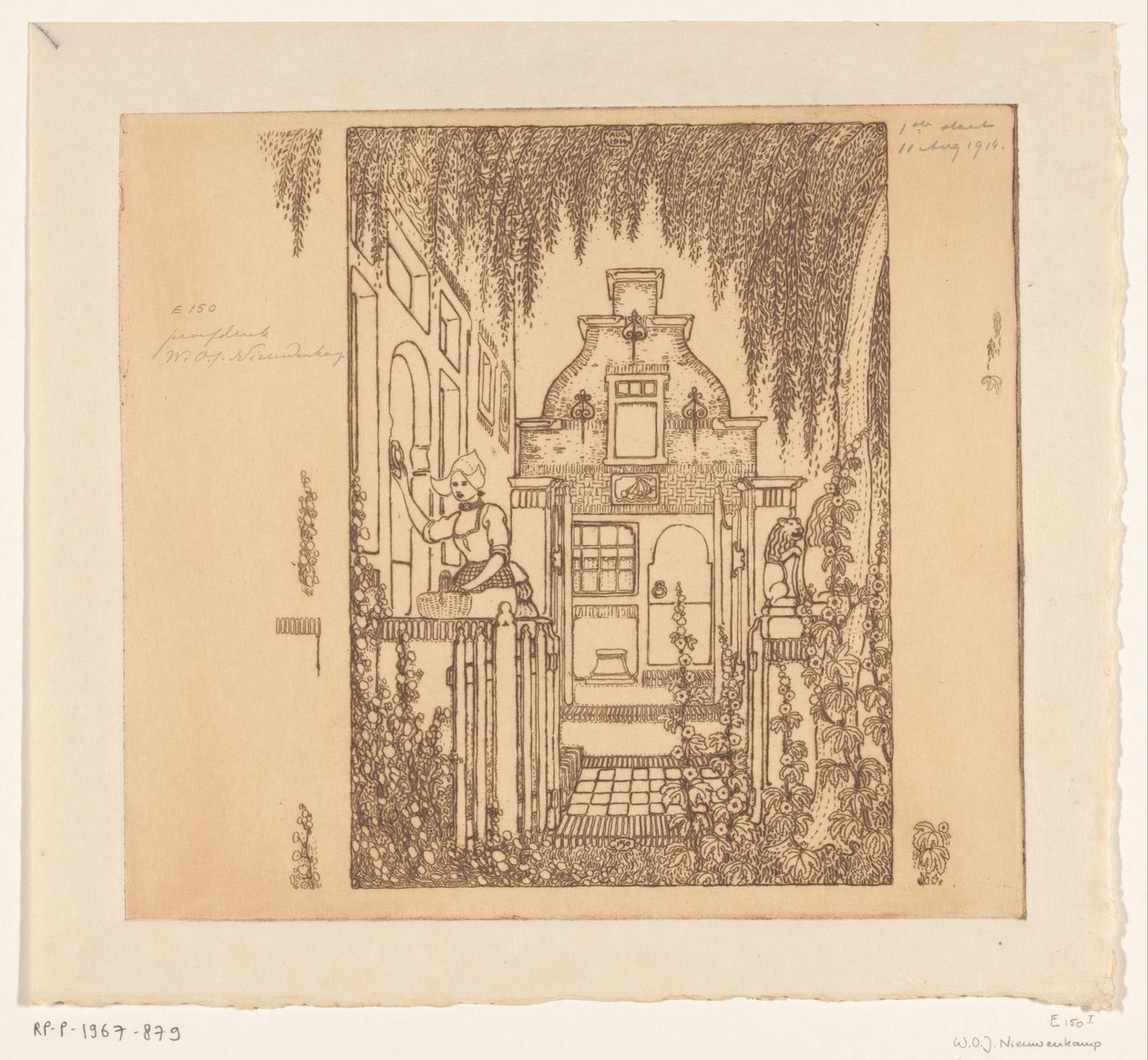 Kobieta w tradycyjnym stroju puka do drzwi wejściowych w Edam Przy drzwiach wejściowych (tytuł oryginalny) autorstwa Wijnand Otto Jan Nieuwenkamp (signed by artist)