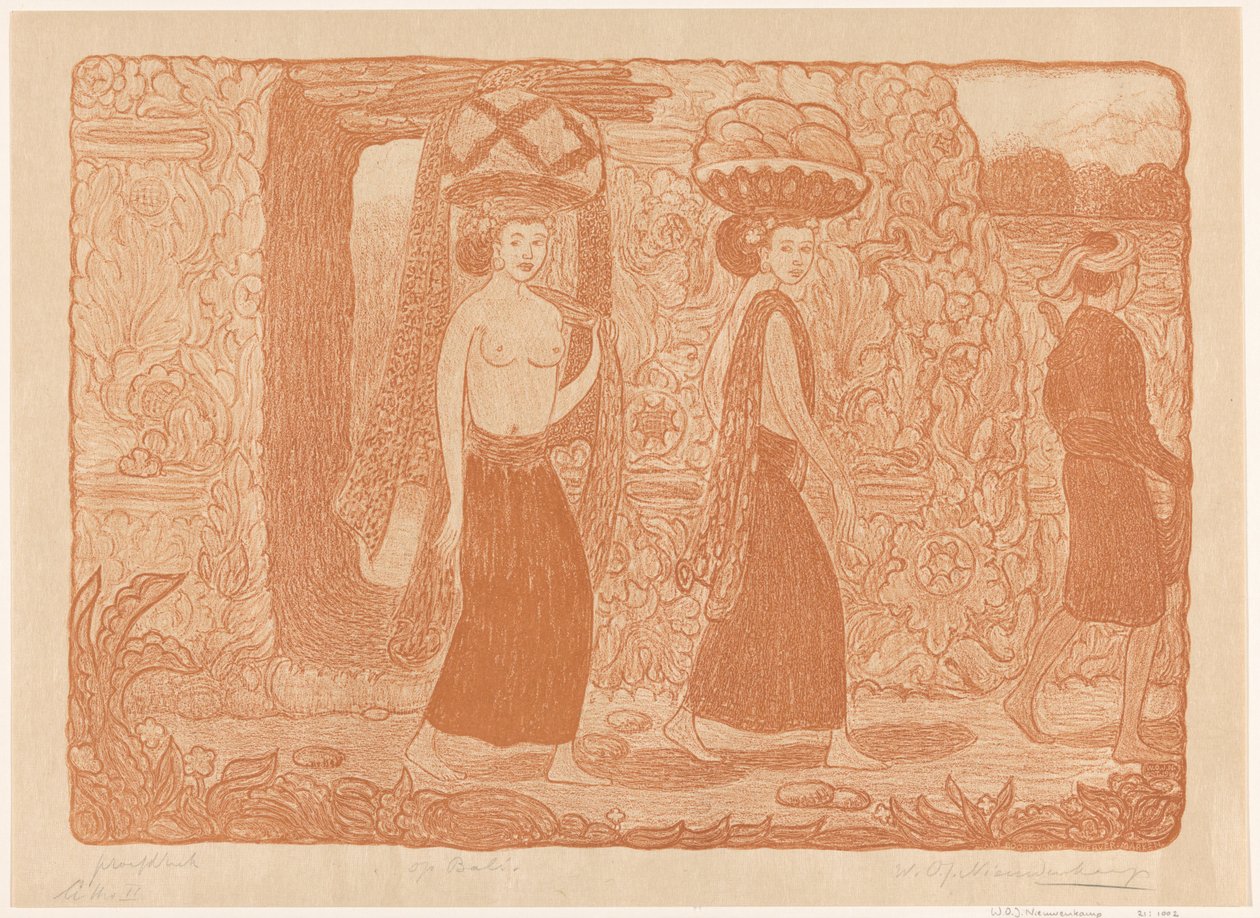 Kobiety niosące przedmioty na głowach w świątyni na Bali W świątyni na Bali (tytuł oryginalny) Na Bali (tytuł na obiekcie) autorstwa Wijnand Otto Jan Nieuwenkamp (signed by artist)