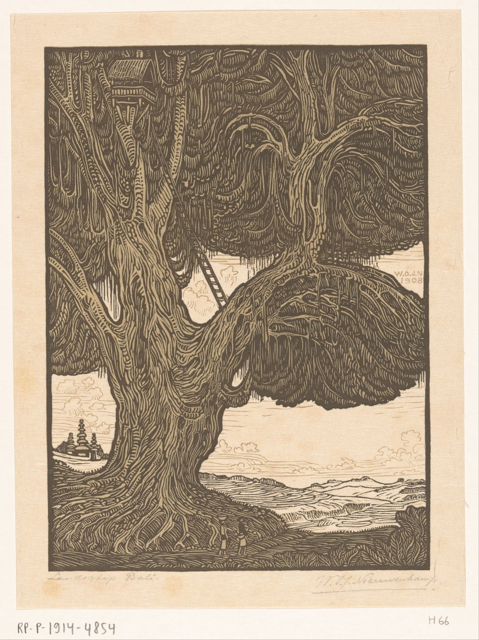 Waringin z domkiem na drzewie na południu Bali Budka strażnicza, South Bali (tytuł oryginalny) Krajobraz Bali (tytuł na obiekcie) autorstwa Wijnand Otto Jan Nieuwenkamp (signed by artist)