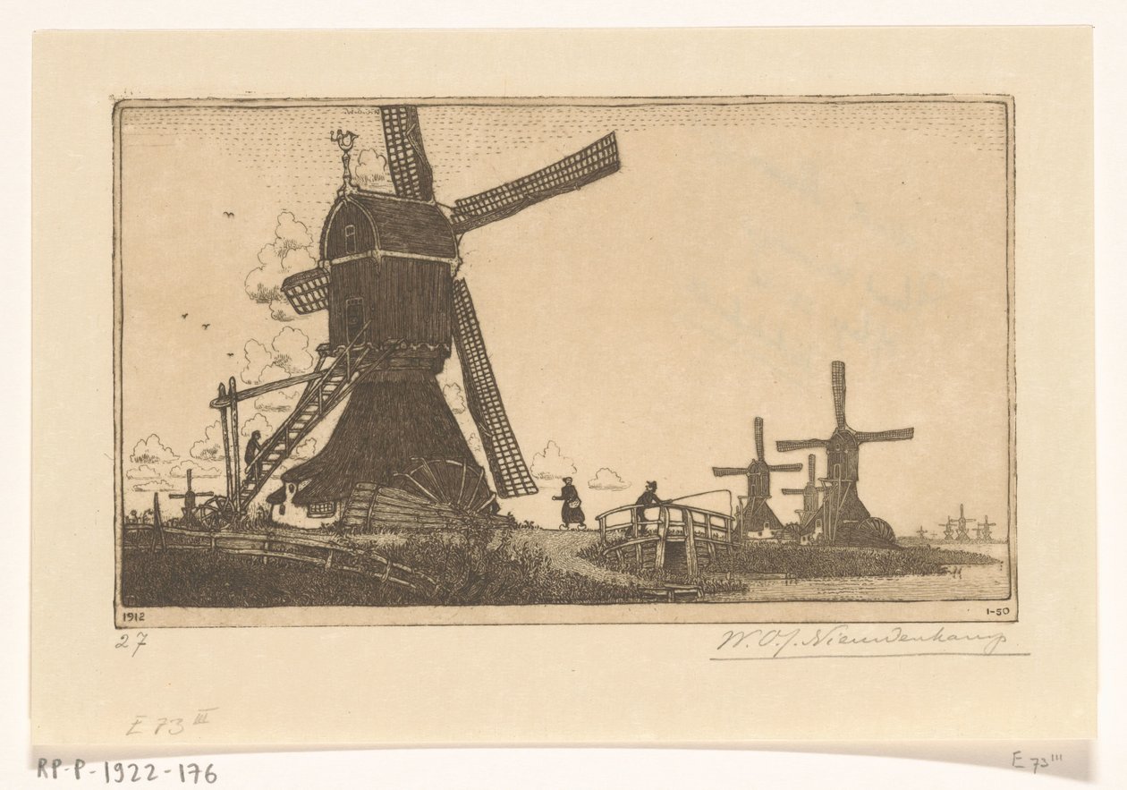 Wipmolens na Vliście między Haastrecht i Schoonhoven Młyny wodne w pobliżu Goudy (tytuł oryginalny) autorstwa Wijnand Otto Jan Nieuwenkamp (signed by artist)