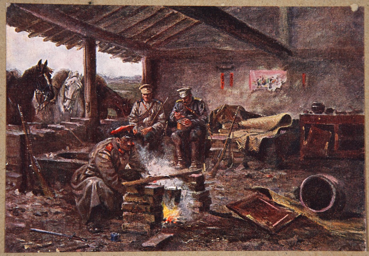 Smoki z 51 Pułku schronienie w zburzonej fana, ilustracja z Mandżurii: obrazy z wojny rosyjsko-japońskiej, red. A. Martynoff, St. Petersburg, 1907 autorstwa Wiktor Mazourowsky
