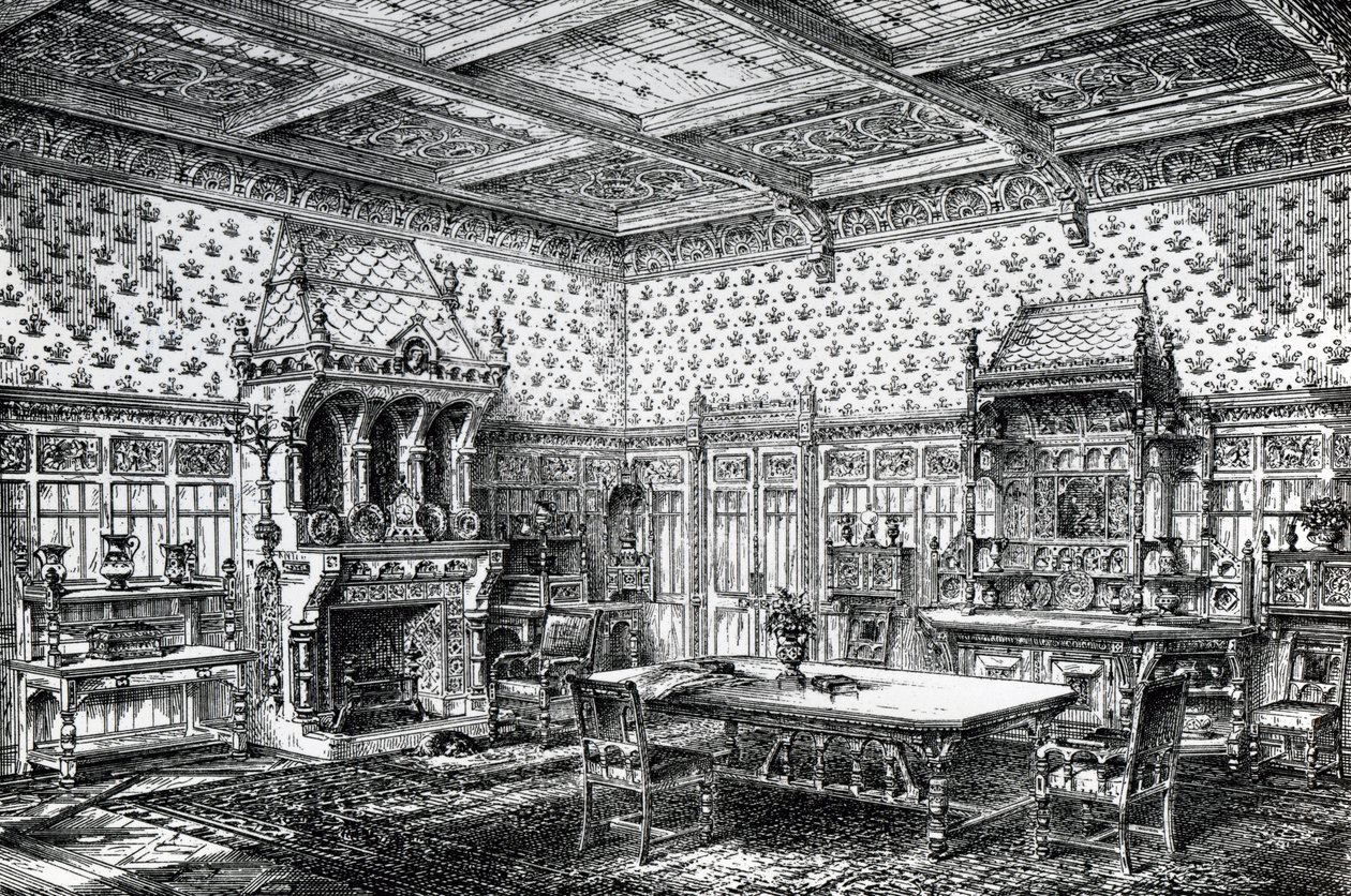 Projekt gotyckiej jadalni, opublikowany w The House-Furnisher & Decorator, 1 września 1872 autorstwa Wilberforce Haddon