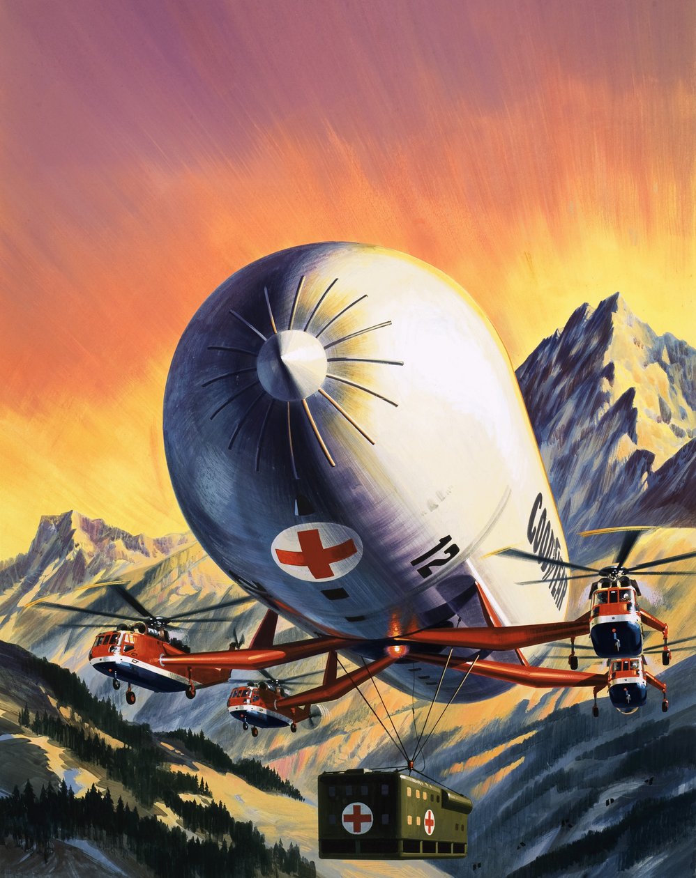 Futurystyczne połączenie helikopterów i sterowców używane do przenoszenia dużych ładunków. autorstwa Wilf (20th century) Hardy