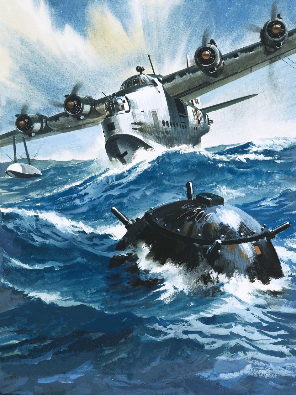 Gdy Flying Officer G. O. Singleton odpalił silnik krótkiego Sunderlanda, zobaczył dryfującą minę autorstwa Wilf (20th century) Hardy