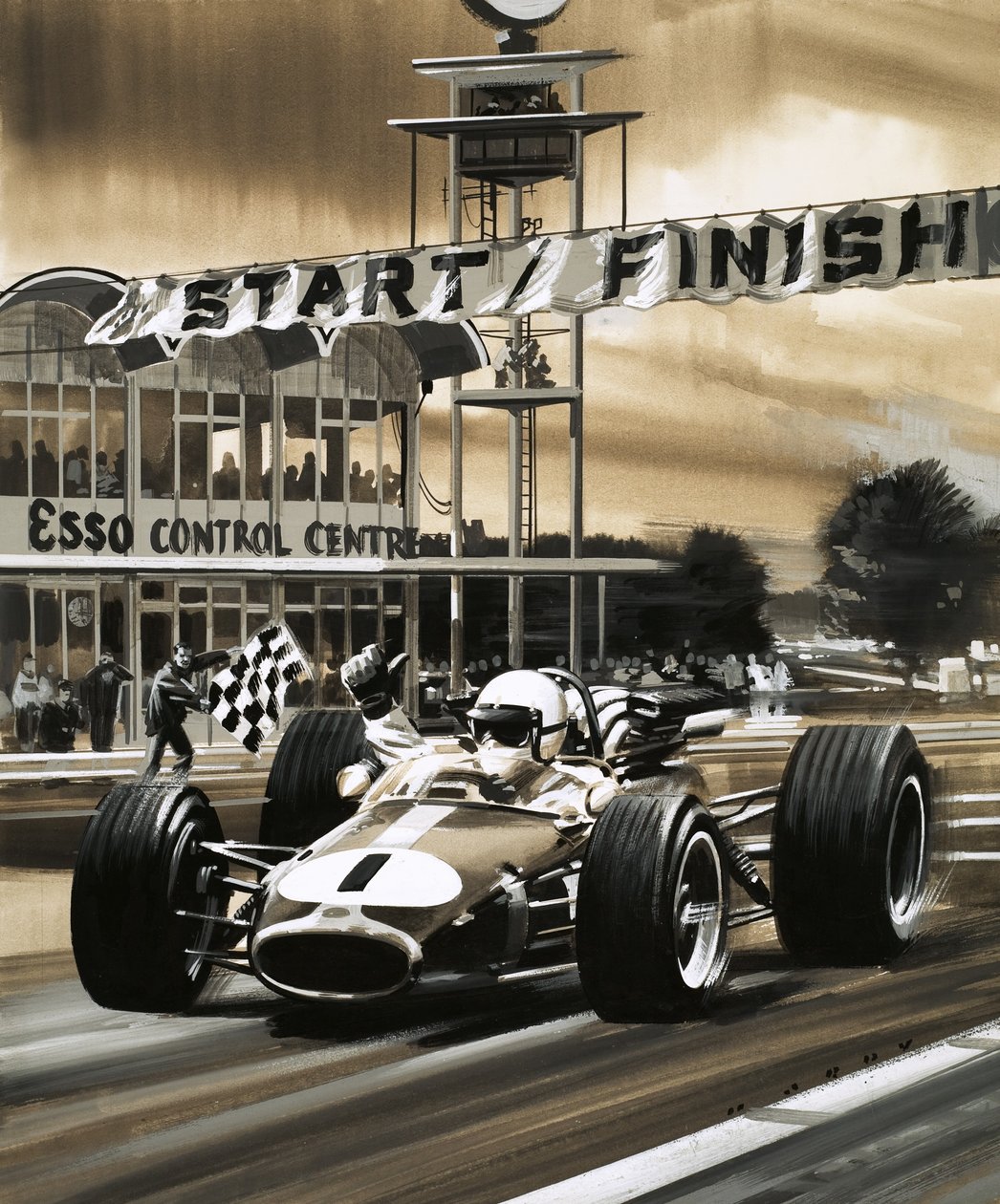 Jack Brabham pokazuje kciuk w górę, wygrywając pierwsze w historii Grand Prix Kanady autorstwa Wilf (20th century) Hardy