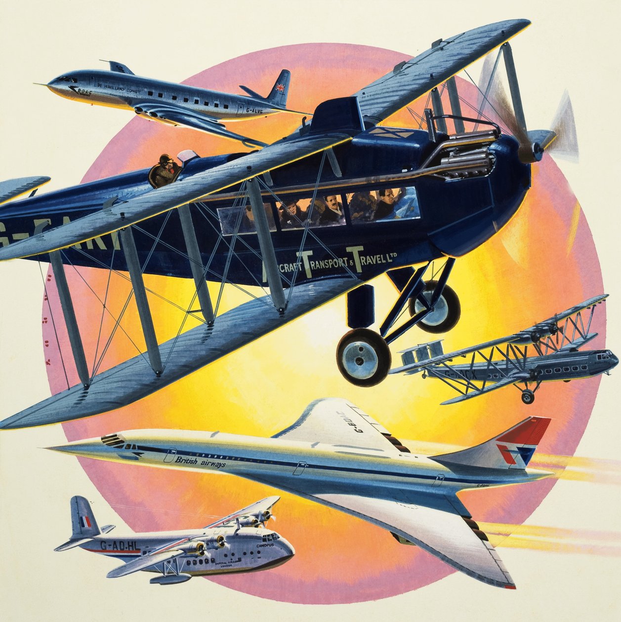 Montaż samolotów pasażerskich, w tym Concorde (gwasz na papierze) autorstwa Wilf (20th century) Hardy