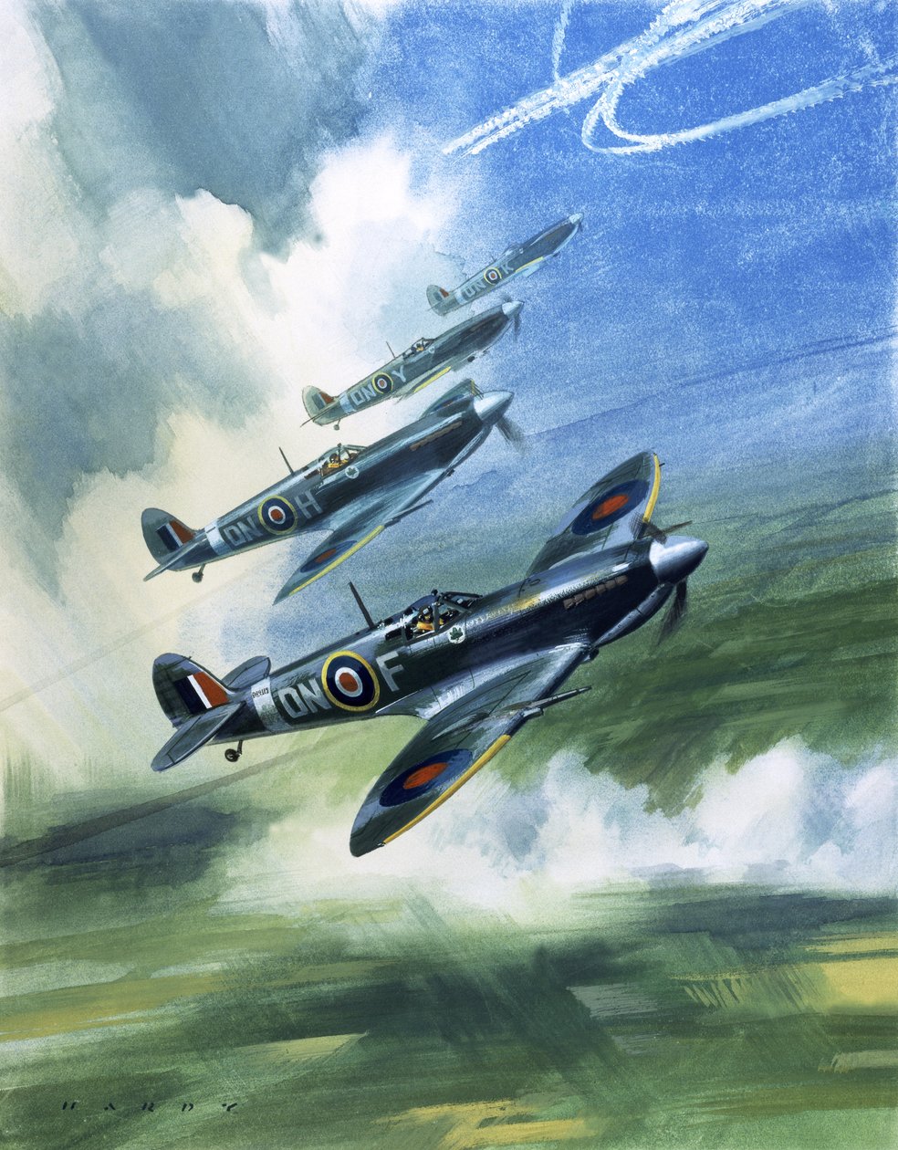 Lot patrolowy 416 Dywizjonu Kanadyjskich Królewskich Sił Powietrznych, Spitfire Mark 9s (gwasz na papierze) autorstwa Wilf (20th century) Hardy