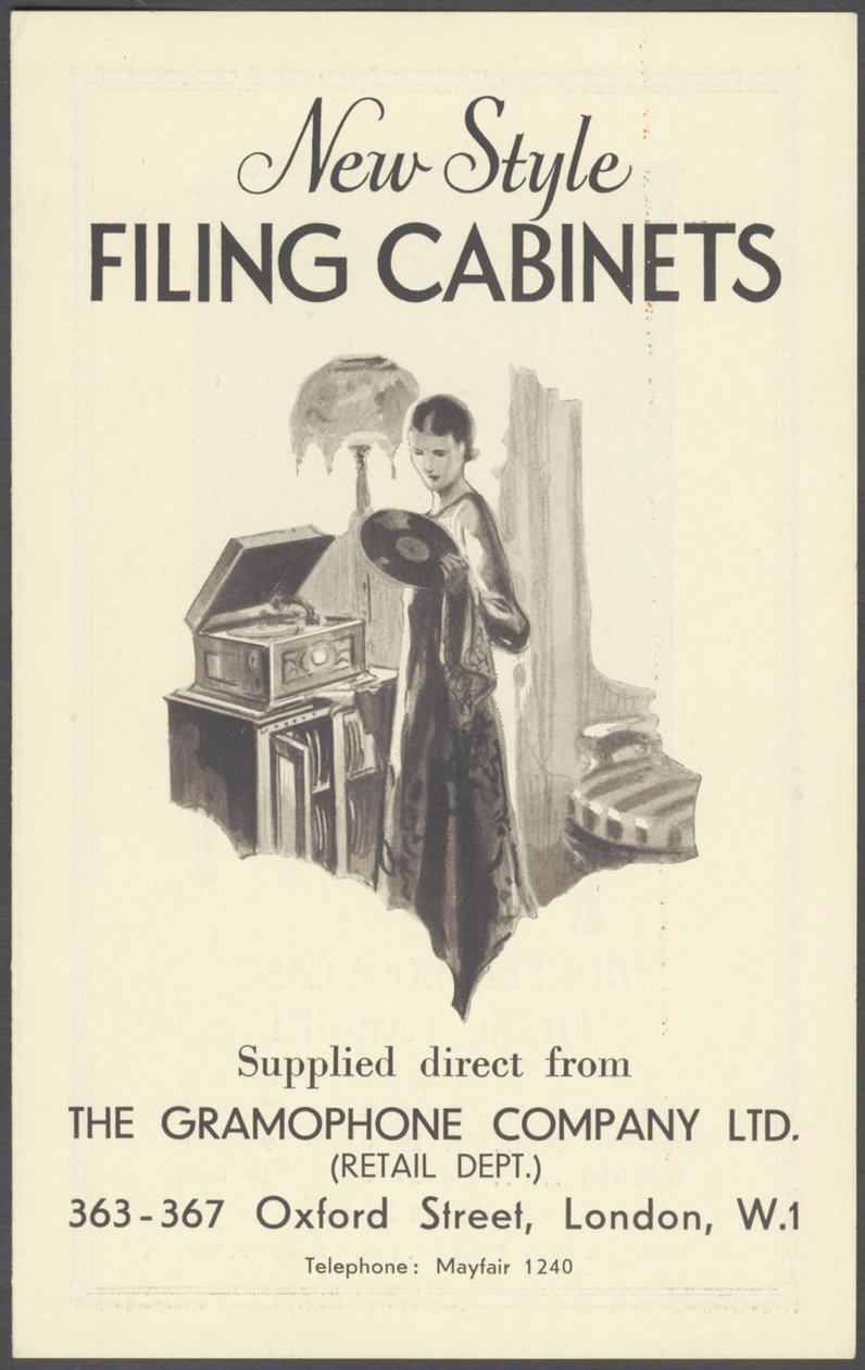 Szafki na dokumenty firmy gramofonowej, lata 20. autorstwa Wilfred Fryer, Curtis Advertising Agency