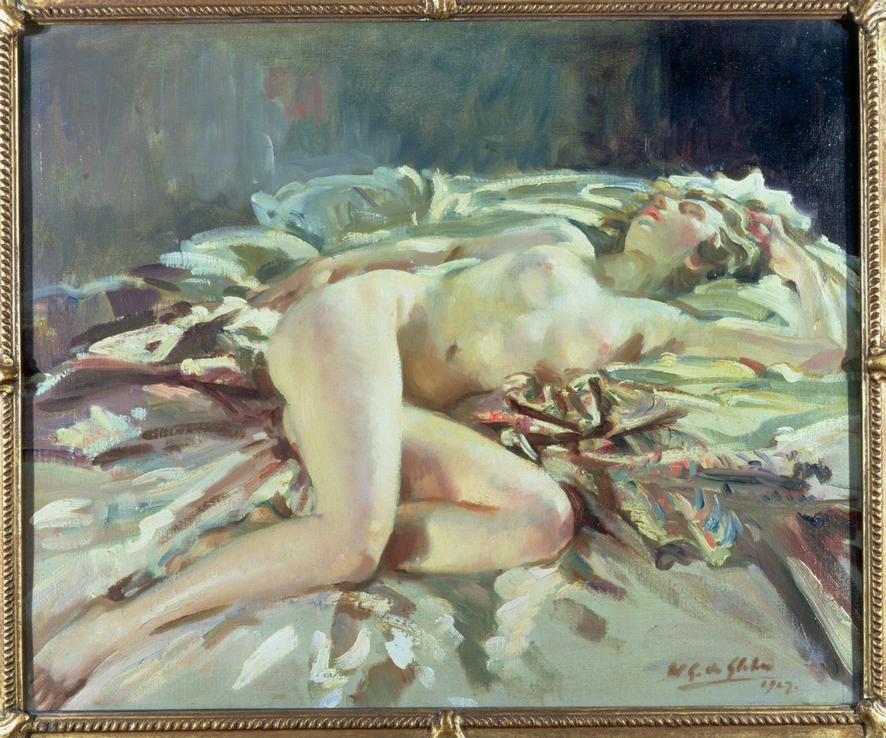 Naga kobieta leżąca na łóżku autorstwa Wilfred Gabriel de Glehn