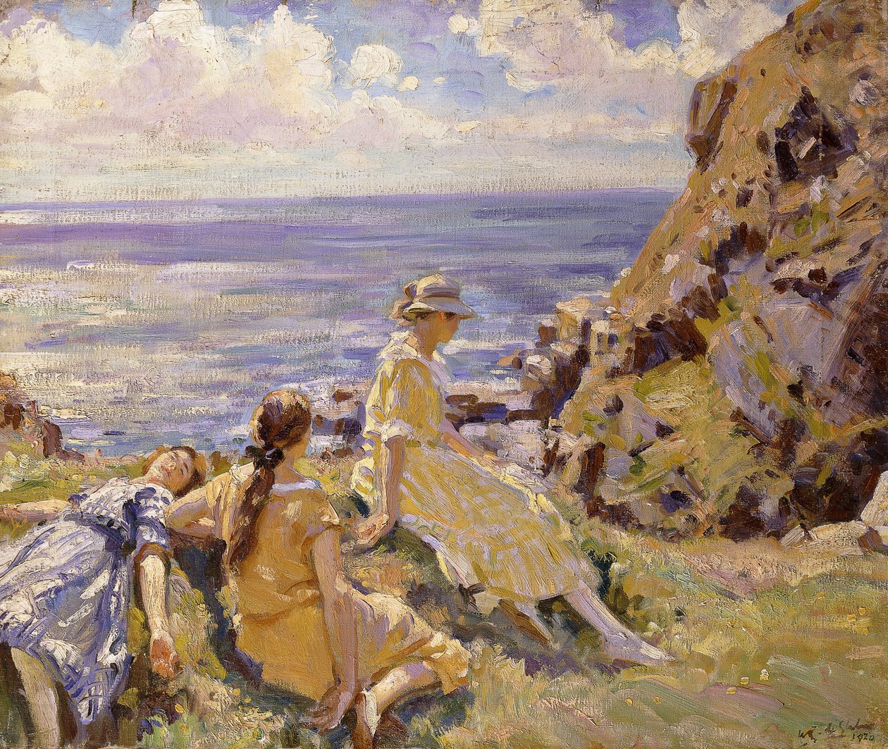 Siostrzenice artystów na klifach na patelni, Cadgwith, Kornwalia autorstwa Wilfred Gabriel de Glehn