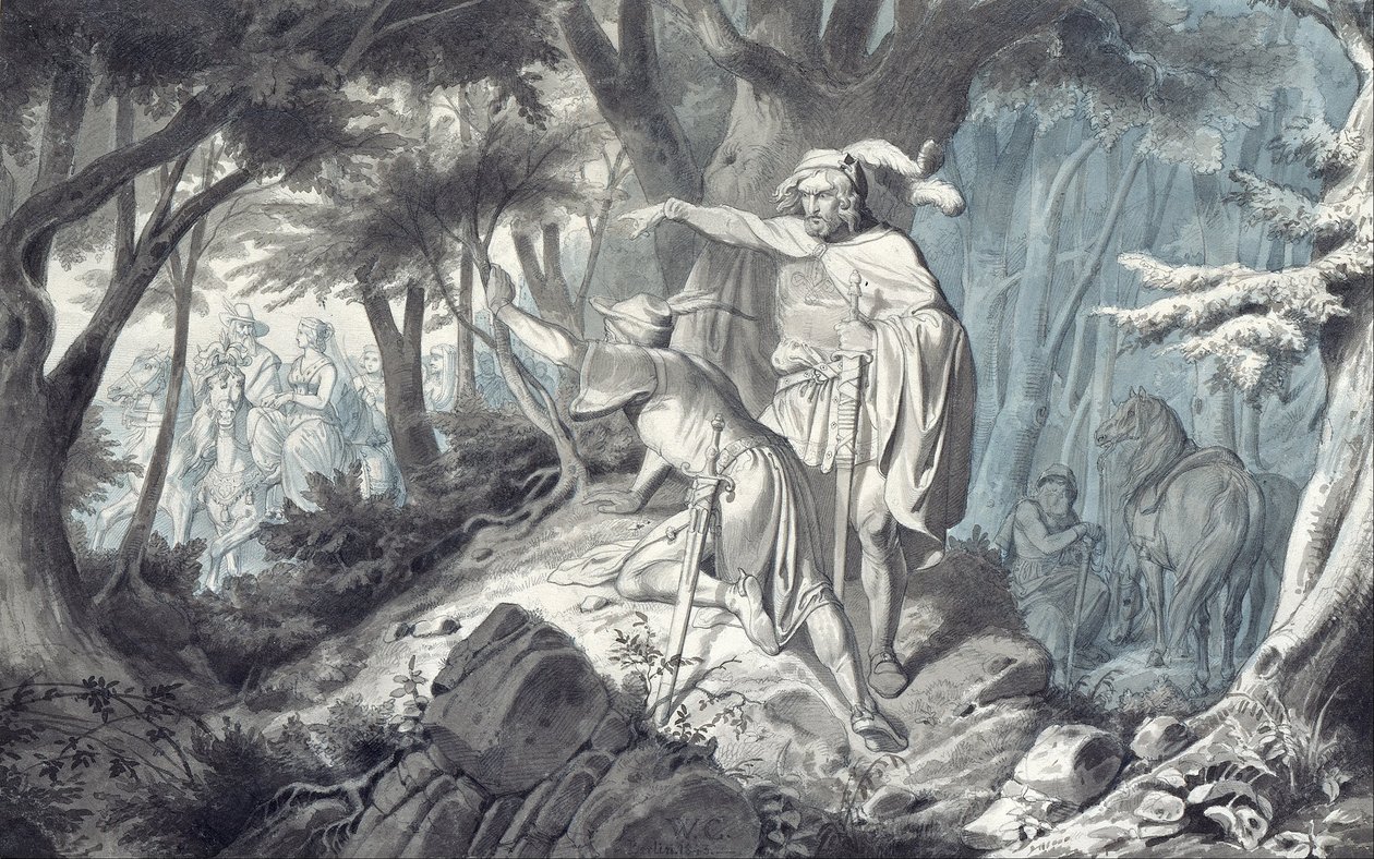Tristan i Kadin potajemnie oglądają Isolde na jeździe autorstwa Wilhelm Camphausen