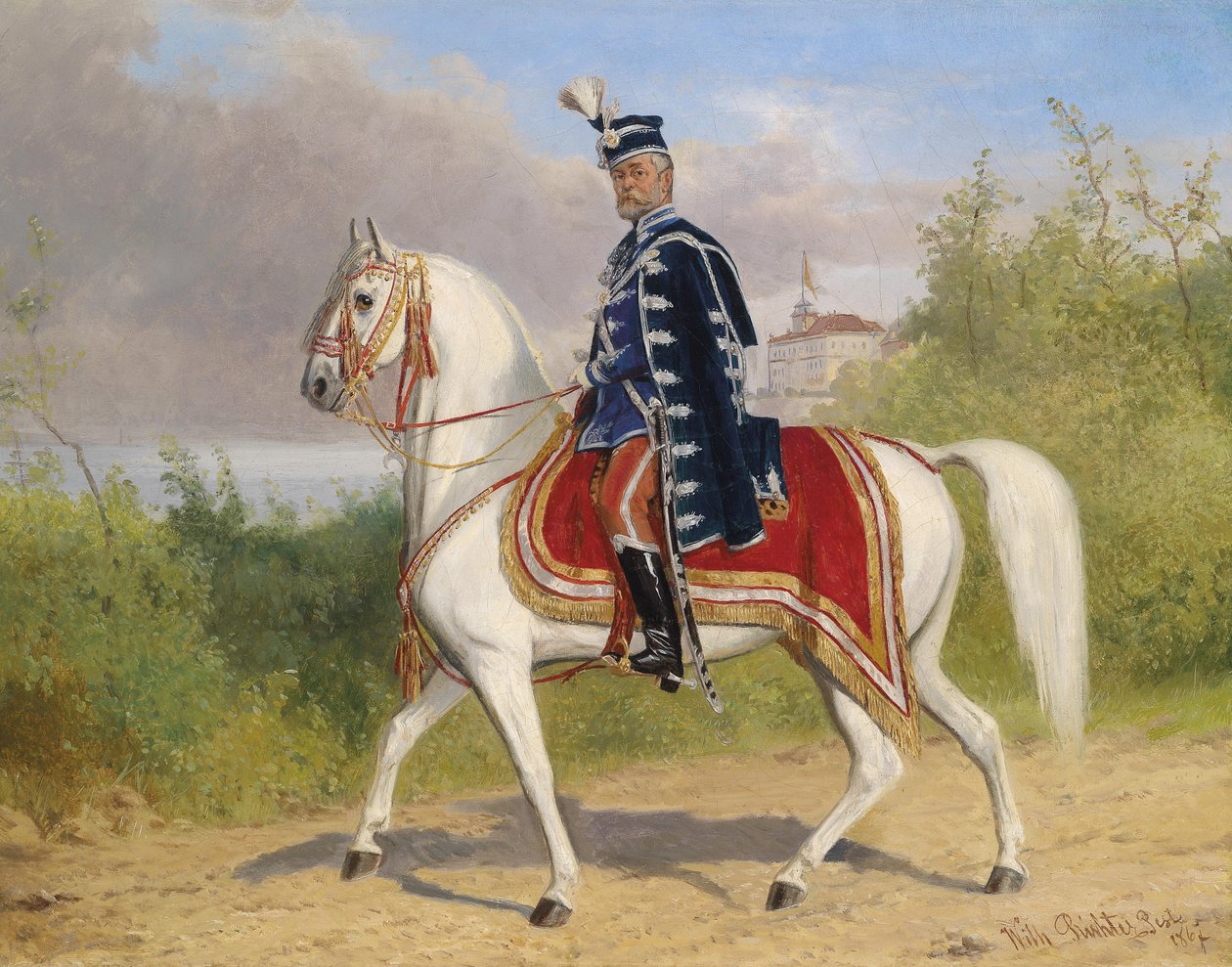 Węgierski szlachcic (członek górnej izby) na koniu, w tle zamek Acsa autorstwa Wilhelm Richter