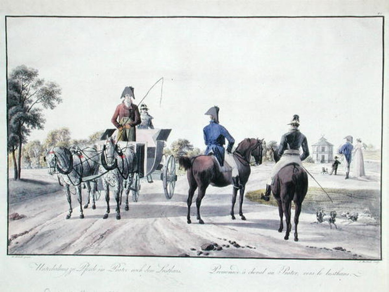 Jazda konna w parku Prater w Wiedniu, rycina Adam von Bartsch (1757-1821) 1804 (kolorowa rycina) autorstwa Wilhelm Alexander (after) Kobell