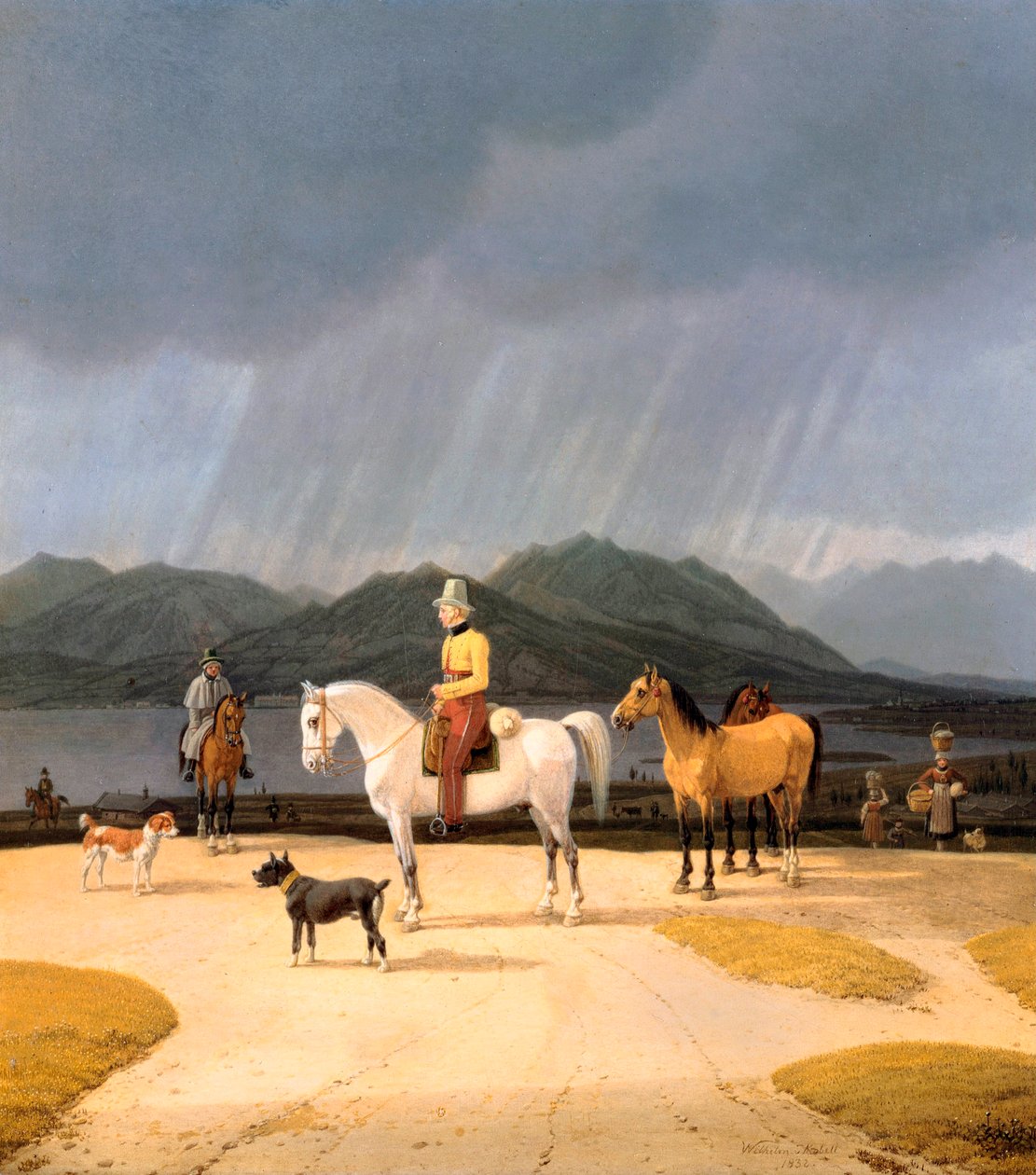 „Cavaliers sur le lac Tegern Allemagne”” (Jeźdźcy nad jeziorem Tegernsee) Peinture de Wilhelm Ritter von Kobell (1766-1853) 1832 Olej na desce Wymiary 282x263 cm Muzea Państwowe, Berlin autorstwa Wilhelm Alexander Kobell