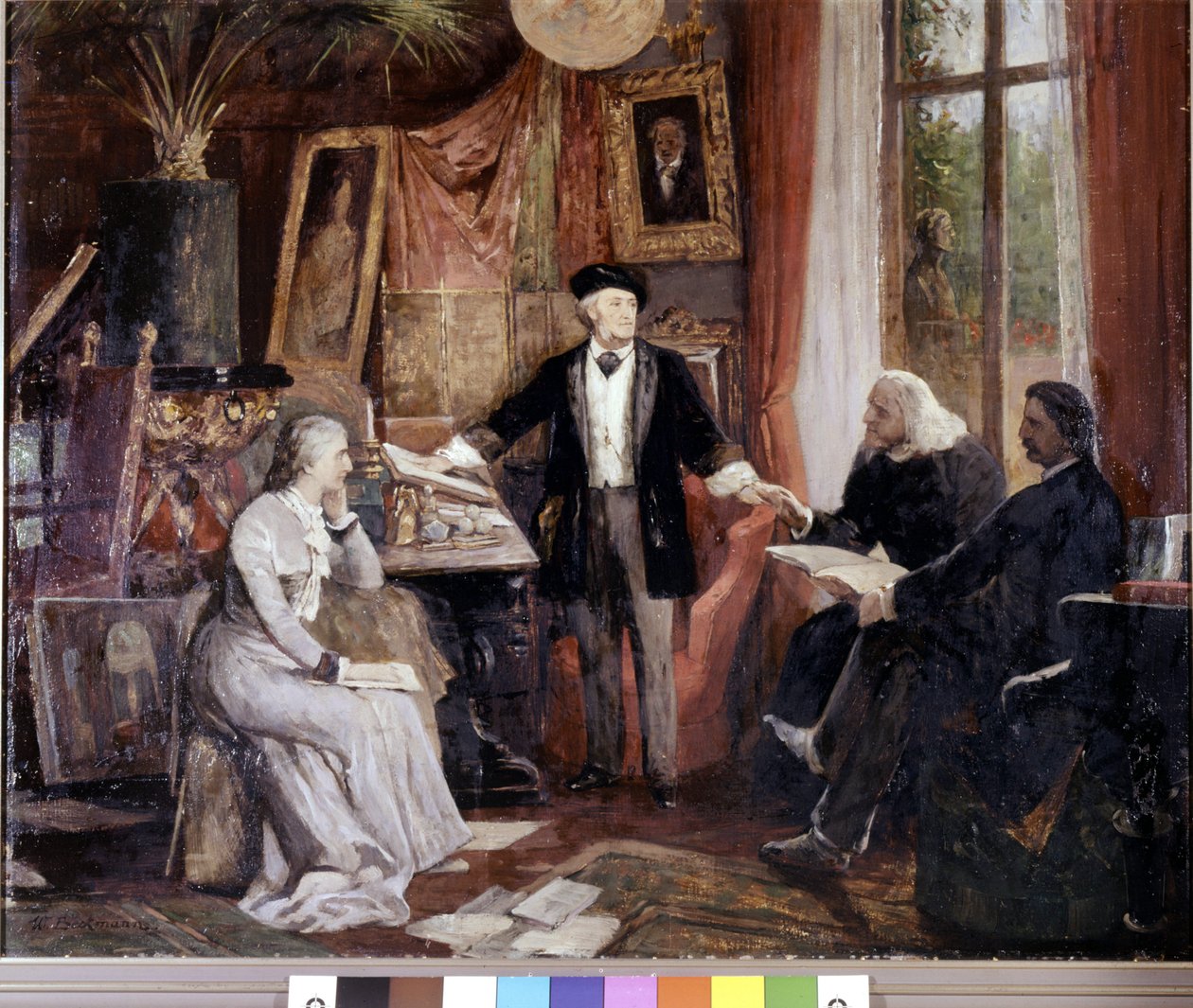Od lewej do prawej: Cosima Wagner, Richard Wagner, Franz Liszt i Walsogen w Villa Wahfried w Bayreuth. obraz Beckmanna autorstwa Wilhelm Beckmann