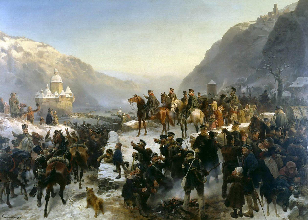 Blücher przekracza Ren w pobliżu Kaub 1 stycznia 1814 r., 1860 r. autorstwa Wilhelm Camphausen