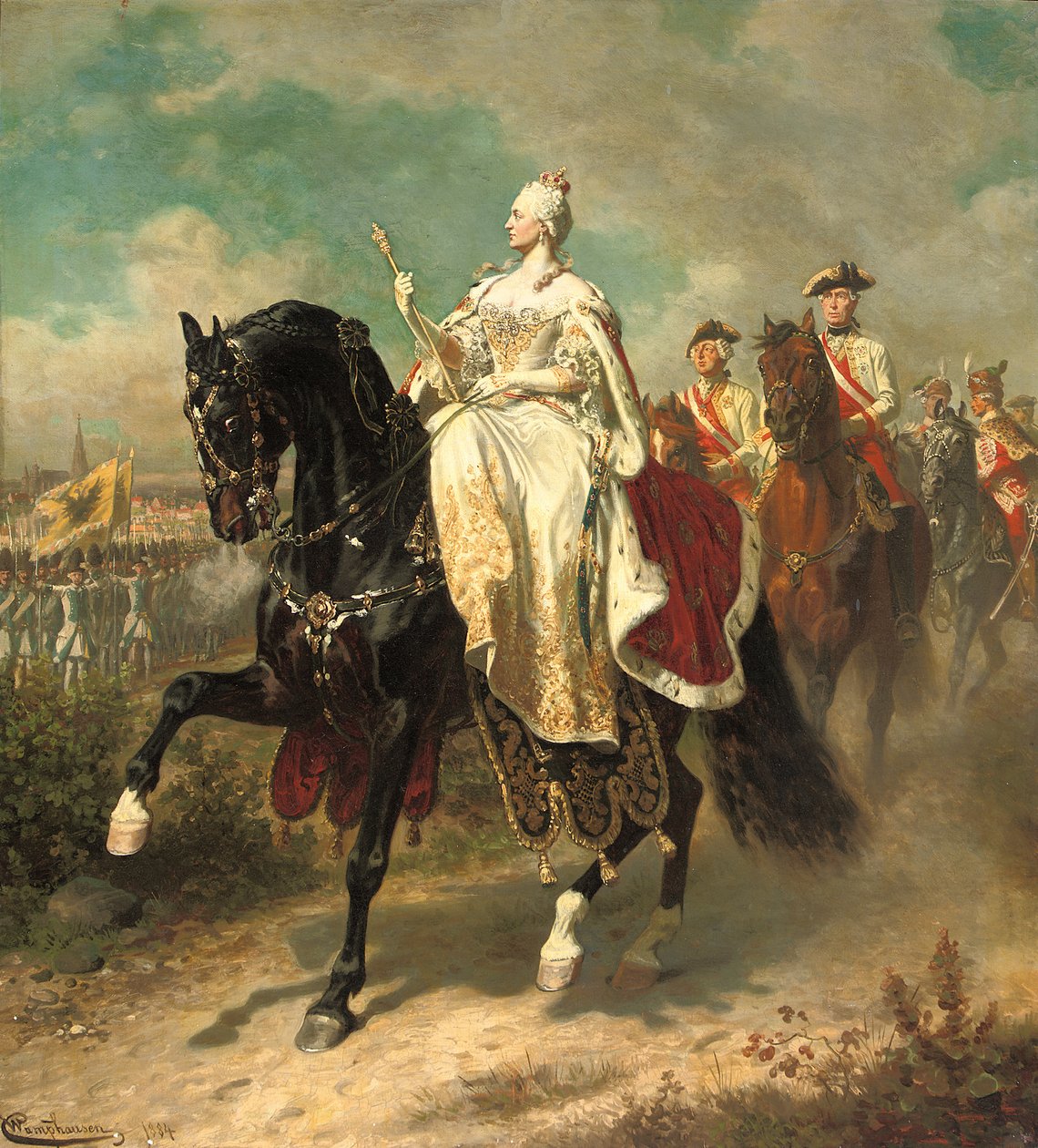 Cesarzowa Maria Teresa na koniu przeprowadza inspekcję wojsk austriackich, 1884 autorstwa Wilhelm Camphausen