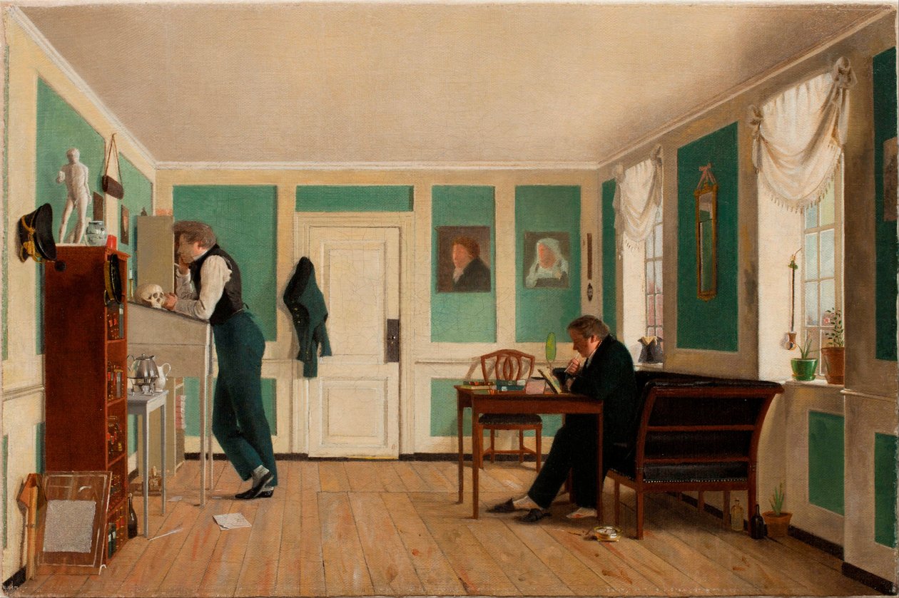 Wnętrze z Amaliegade, kapitan Carl Ludvig Bendz stojący i dr Jacob Christian Bendz siedzący autorstwa Wilhelm Ferdinand Bendz