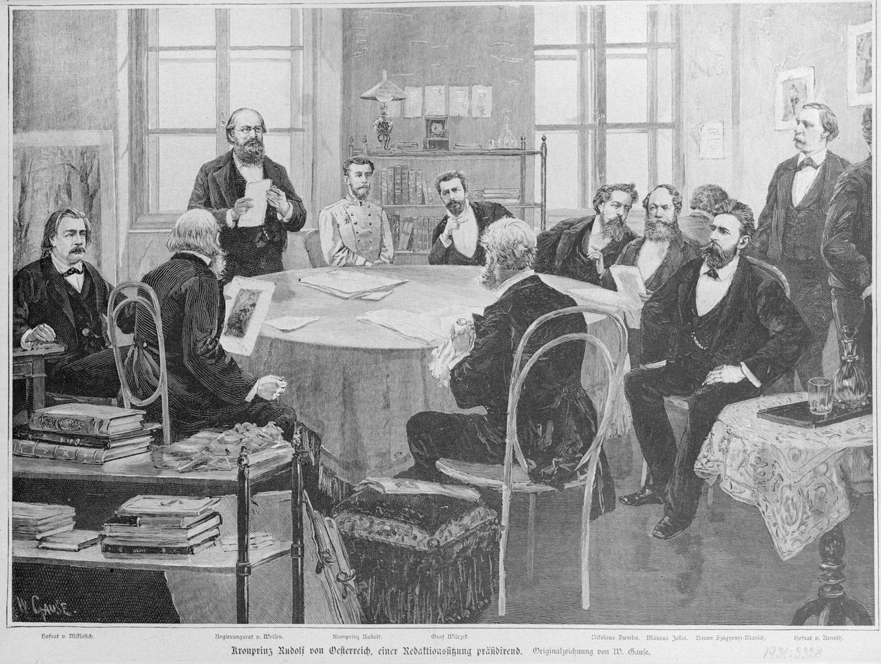 Książę Rudolf na spotkaniu redakcyjnym (drzeworyt) autorstwa Wilhelm Gause