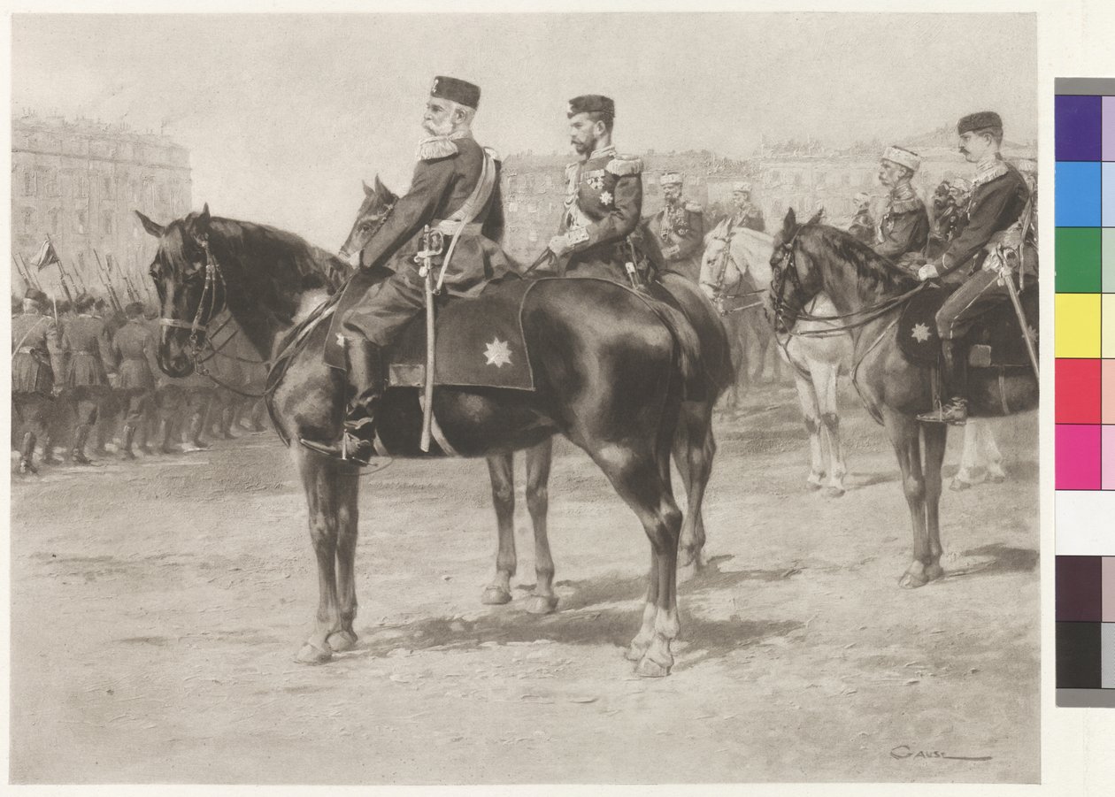 Cesarz Franciszek Józef I i car Mikołaj II podczas parady na Polach Marsowych w Petersburgu autorstwa Wilhelm Gause