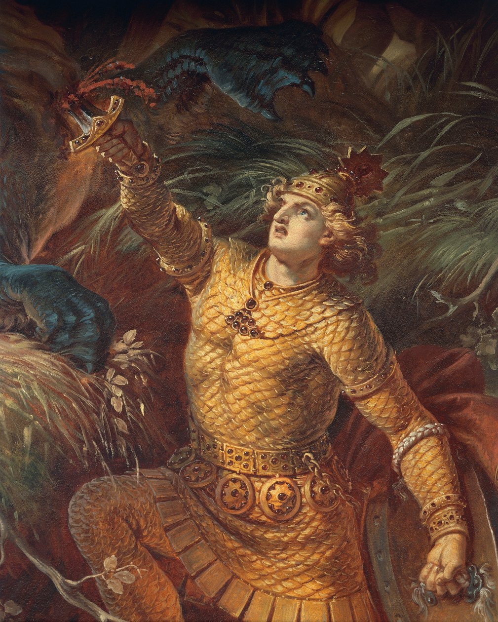 Sigurd zabija smoka Fafuira trzymając miecz Grama, szczegół, z Sigurd Saga, Lower Hall, c.1882-83 (mural) (patrz także 419035) autorstwa Wilhelm Hauschild