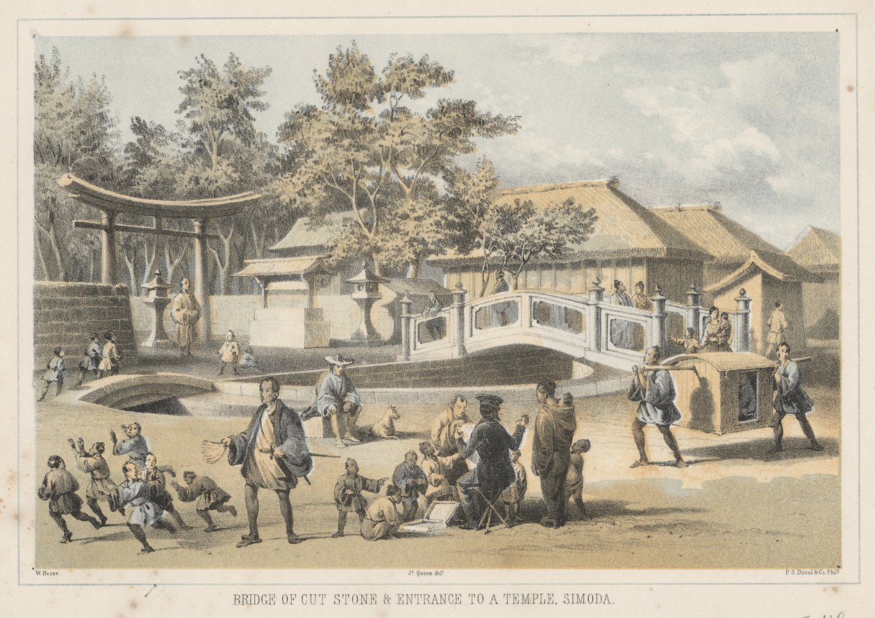 Most z ciosanego kamienia i wejście do świątyni, Simoda, 1855 autorstwa Wilhelm Joseph Heine