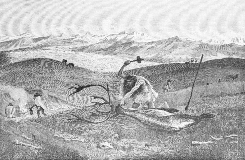 Prehistoria: polowanie na renifery w morenowym krajobrazie Szwabii wyższym niż ostatni okres lodowcowy; namalowany przez W. Kranza ze szkicu prof. Klaatsha. autorstwa Wilhelm Kranz